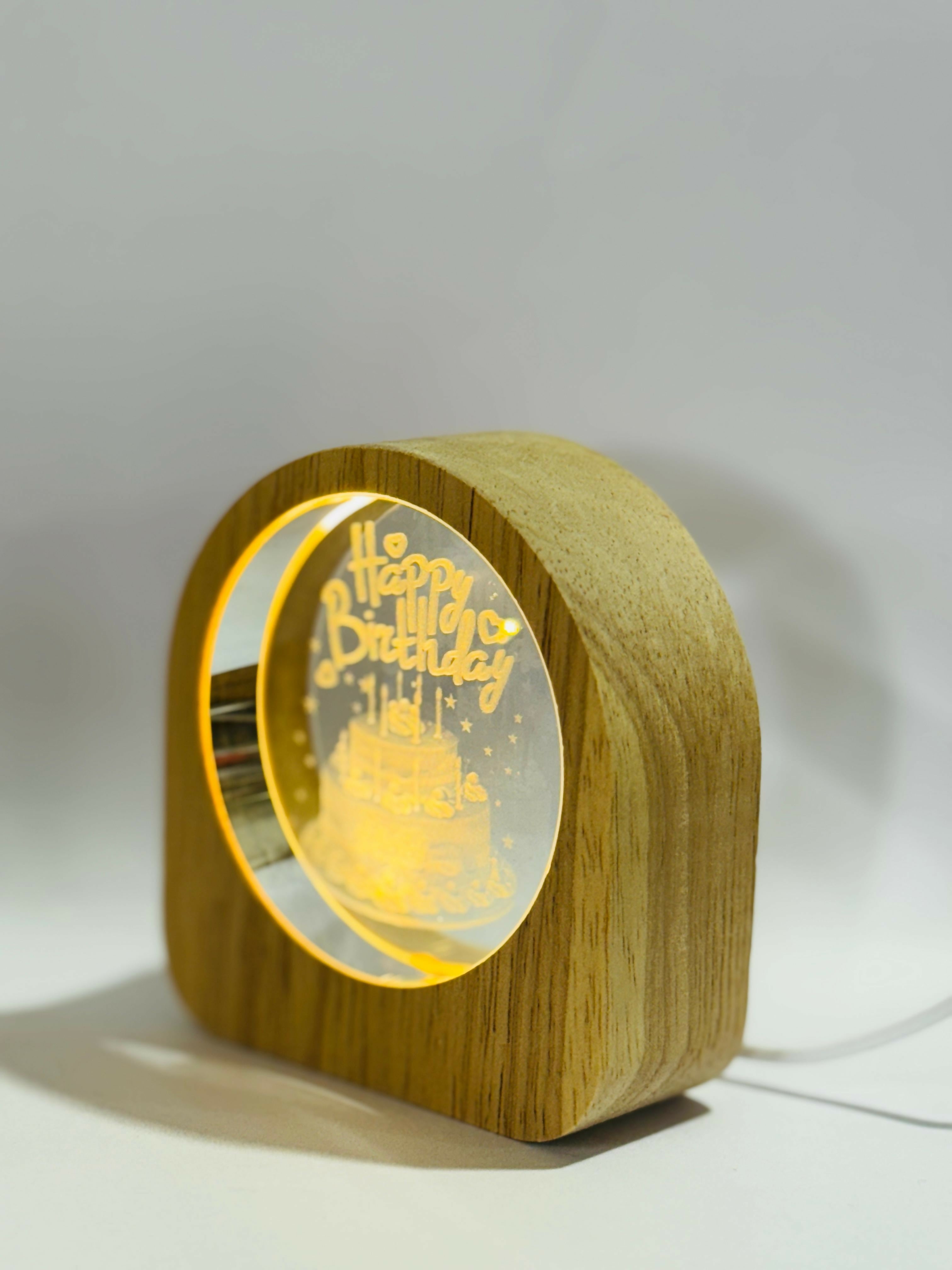Happy Birthday Theme 3D Crystal Glass LED Night Lamp with Wooden Frame – USB Powered Warm Glow Table Light | Unique Birthday Gift for Friends, Family, Kids & Romantic Celebration Decor