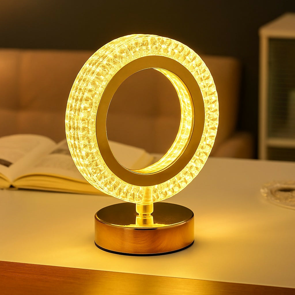 Luxury Crystal Round LED Lamp with Golden Base | Decorative Modern Night Light for Bedroom, Living Room, Office, Wedding, Festival & Gifting