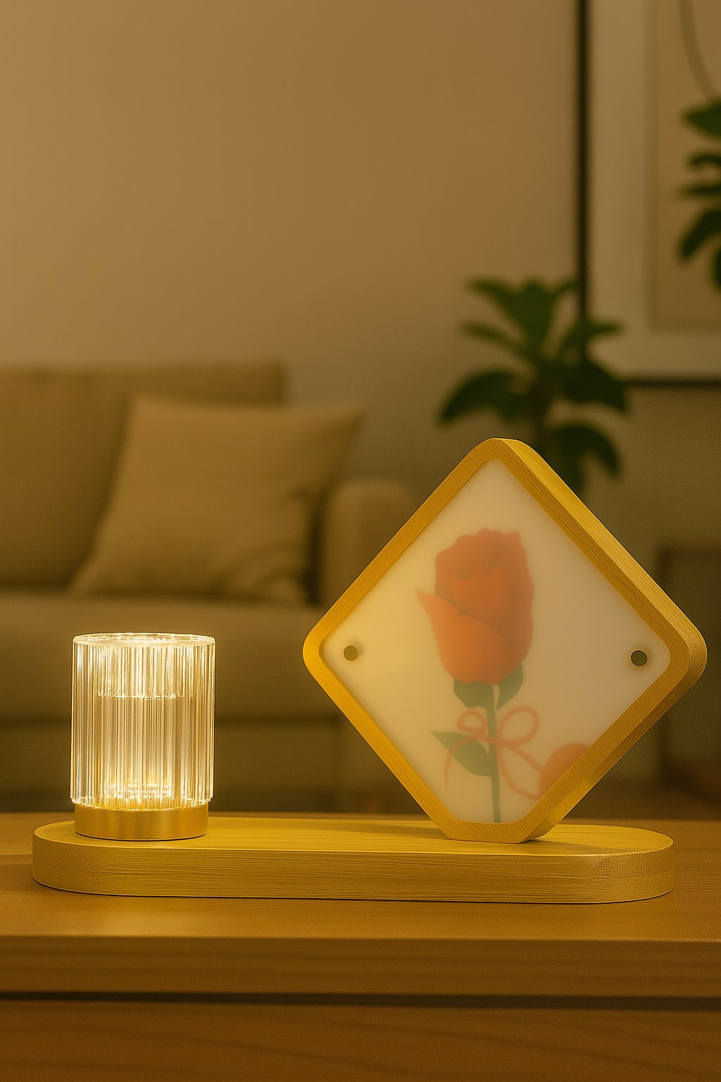 Romantic Wooden LED Night Lamp with Rose Print – Decorative Table Lamp with Soft Ambient Light for Bedroom, Living Room & Gifting – Modern Rose Design Bedside Lamp for Couples & Home Decor