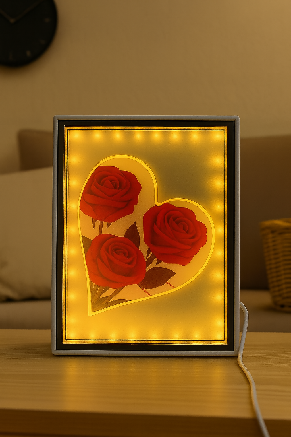 LED Rectangle Photo Frame with Heart and Red Roses Design | Romantic Decorative Light Frame for Bedroom, Living Room | Wedding, Anniversary, Valentine’s Day & Gifting