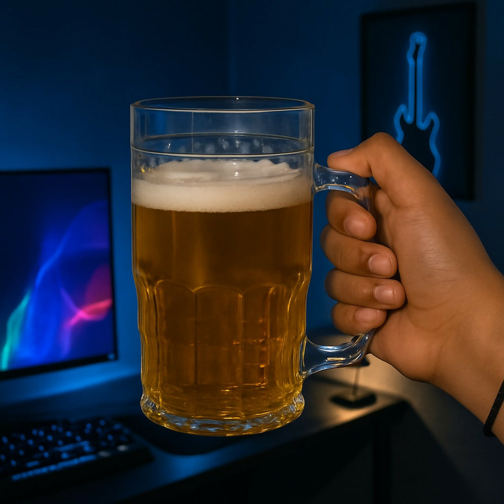 Premium Beer Mug Glass with Handle – Large Capacity Freezer Safe Beer Cup for Chilled Drinks, Cocktails, Mocktails & Juices | Thick Base, Durable Crystal-Clear Glass | Gift Box Included