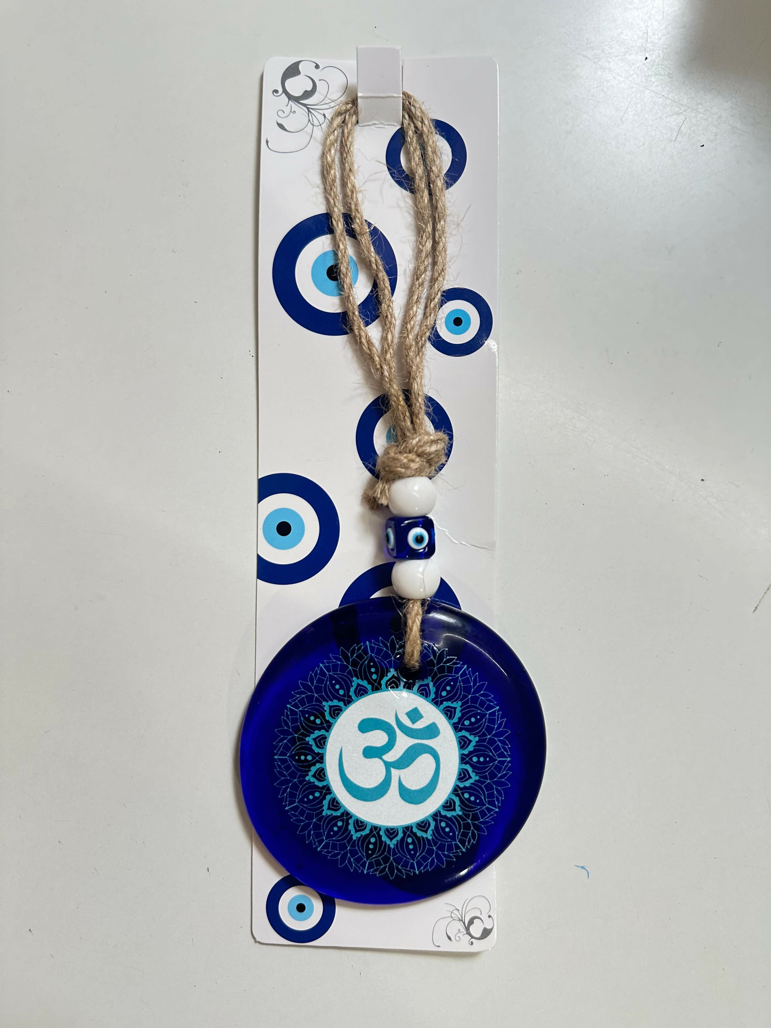 Decorative Blue Evil Eye and Om Symbol Wall Hanging – Handmade Spiritual Protection Charm with Rope Loop & Mandala Design for Positive Energy, Vastu & Home Decor Gift for Housewarming or Meditation Space