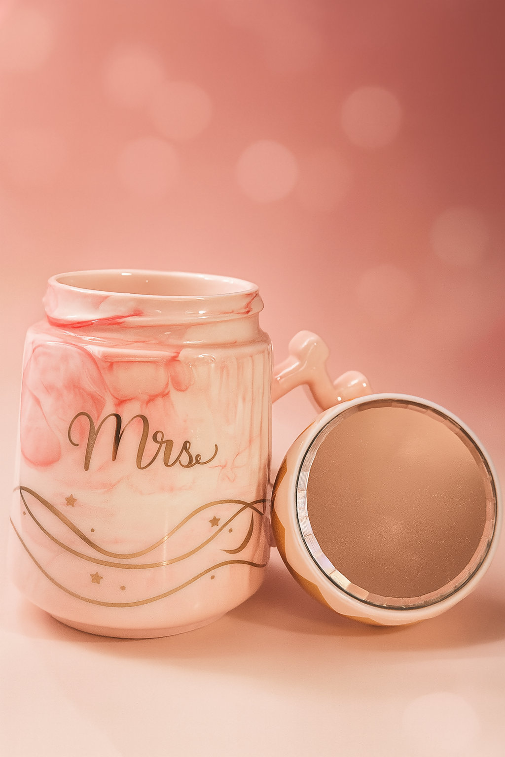 Luxury Ceramic "Mrs." Coffee Mug with Crown Lid & Mirror | Pink Marble Finish with Gold Accents | Romantic Gift for Wife, Her, Bride – Tea Cup for Home, Office & Gifting