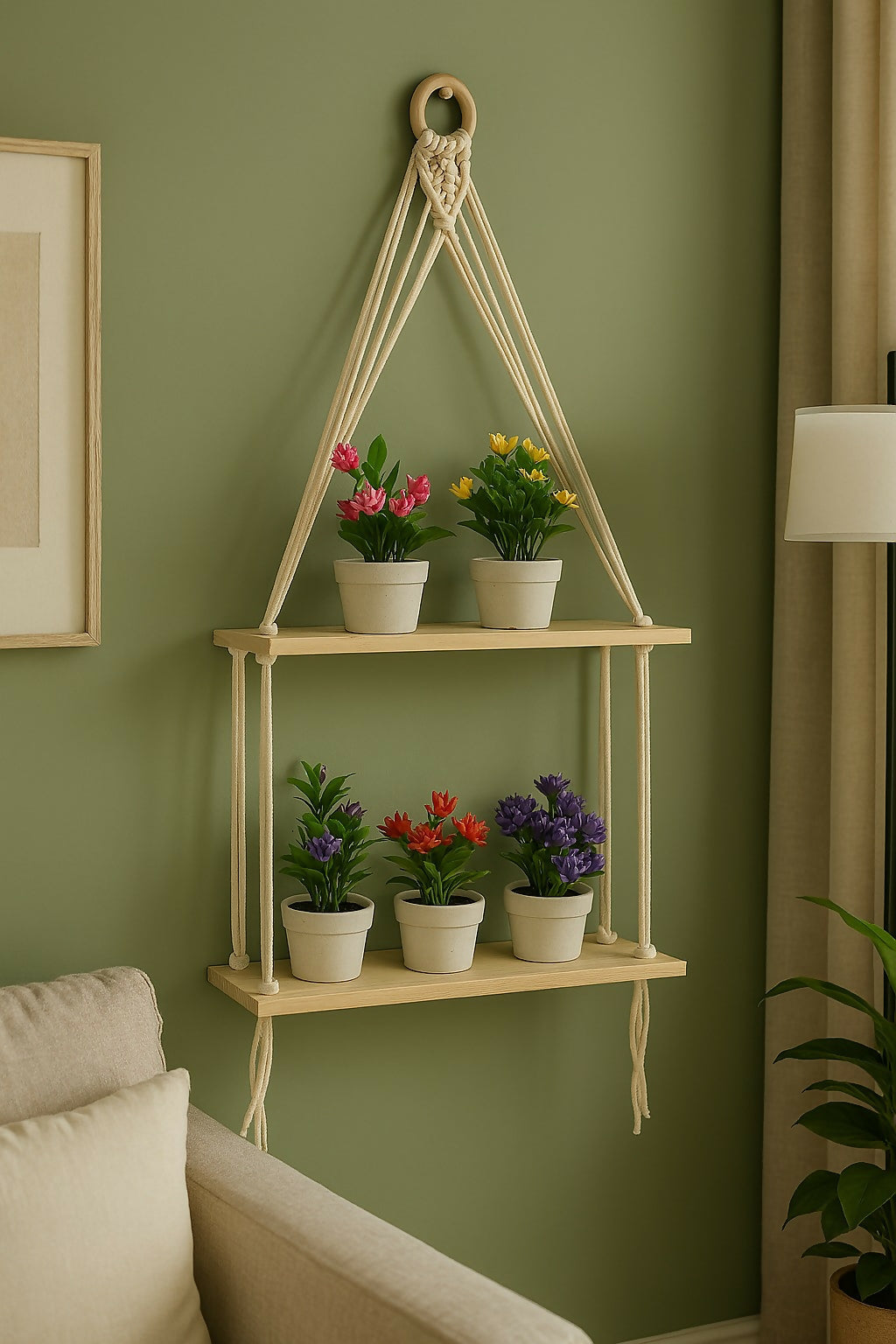 HOME DECOR Handcrafted 2-Tier Macrame Hanging Shelf with 5 Artificial Bonsai Plants – Boho Wall Mounted Wooden Rope Planter for Balcony, Living Room, Garden & Indoor Home Décor