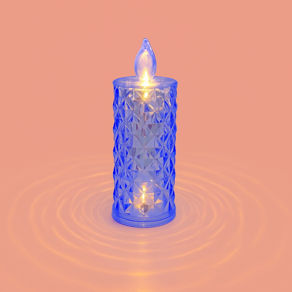 Elegant blue Crystal-Textured LED Candle Lamp with Flame Tip – Battery Operated Decorative Light for Home Décor, Romantic Ambience, Festivals, and Gifts – Safe Flameless Glow for Bedroom or Living Room