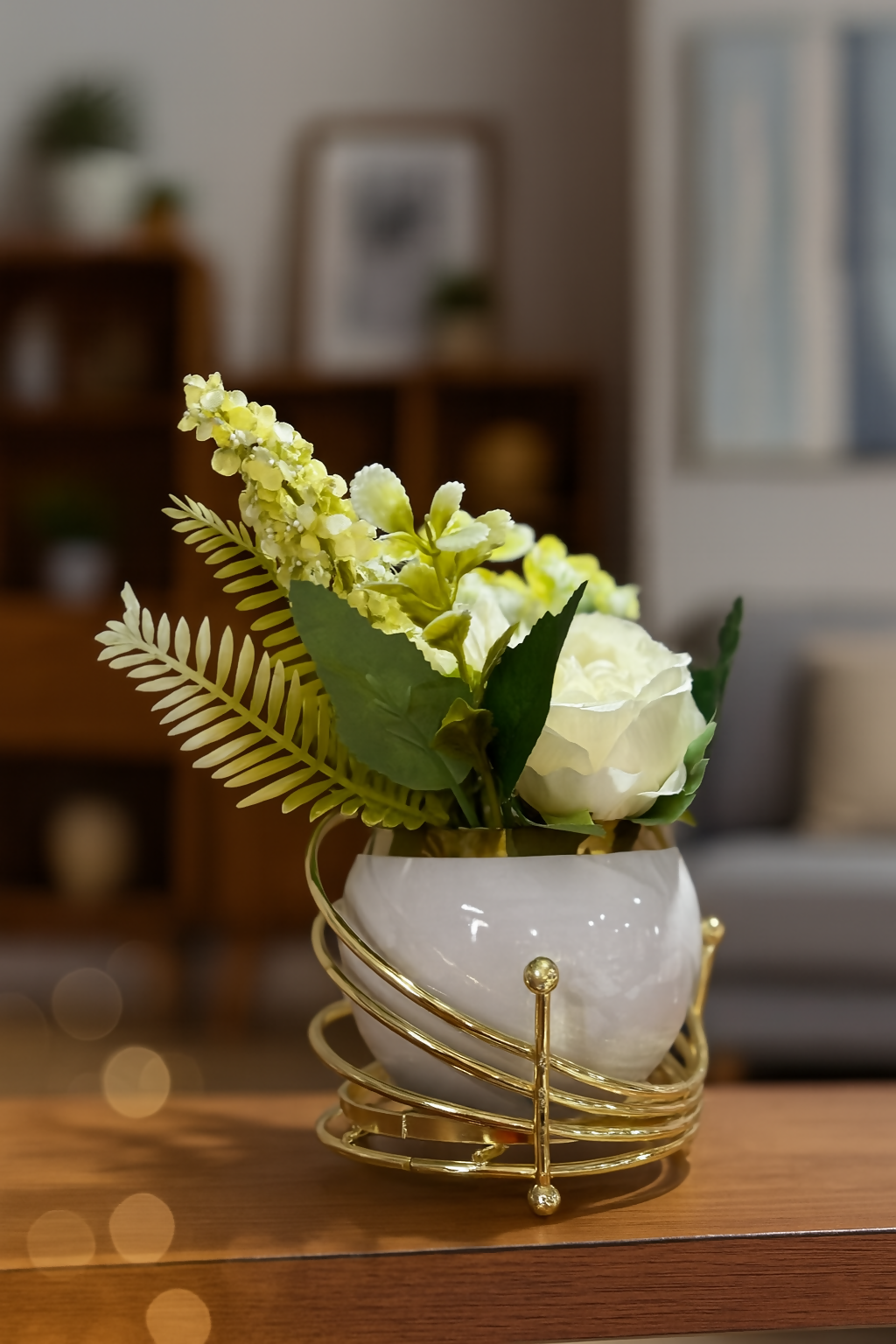 Elegant Artificial White Rose & Yellow Flower Arrangement in White Ceramic Pot with Golden Metal Stand – Faux Floral Centerpiece for Home, Office, Tabletop & Gifting