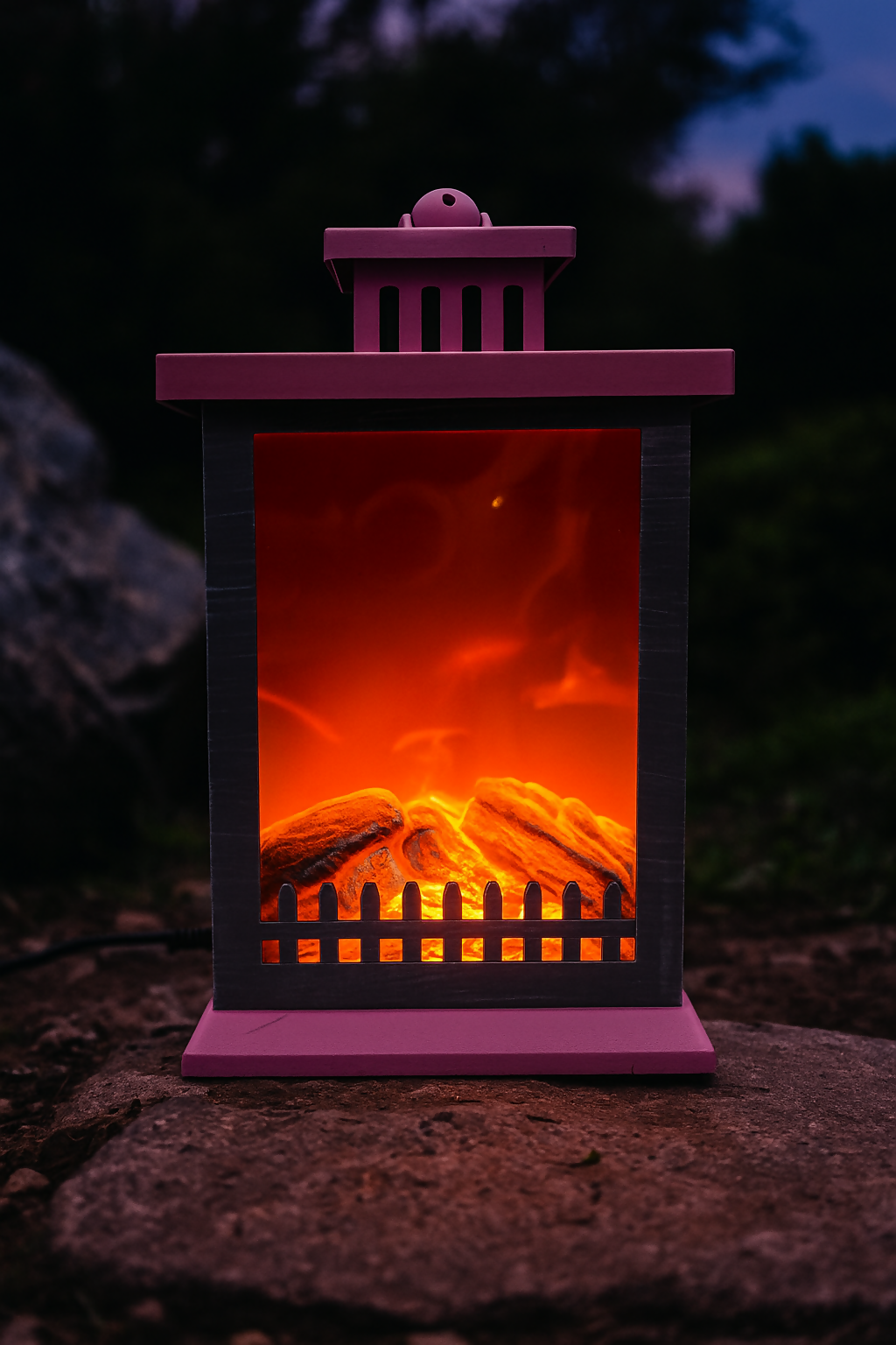 Vintage-Style Purple Electric Lantern Fireplace lamp with Realistic Flame Effect – Decorative LED Tabletop Flame Light with Faux Log Design for Home, Bedroom, or Living Room Ambience Décor