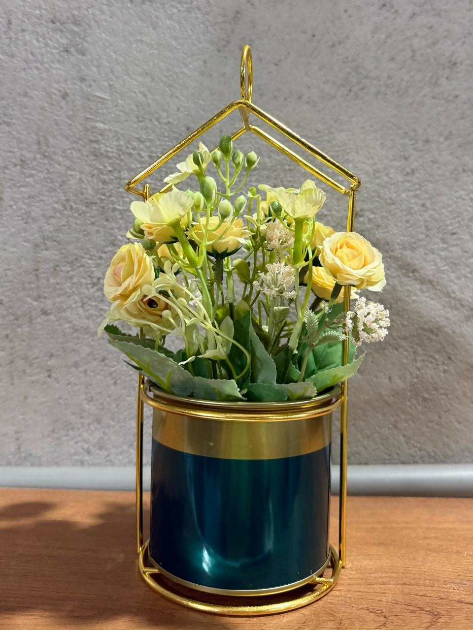 Golden Metal House-Shaped Stand with Artificial Yellow Roses in Glossy Green Pot – Elegant Decorative Flower Arrangement for Home, Office & Gift