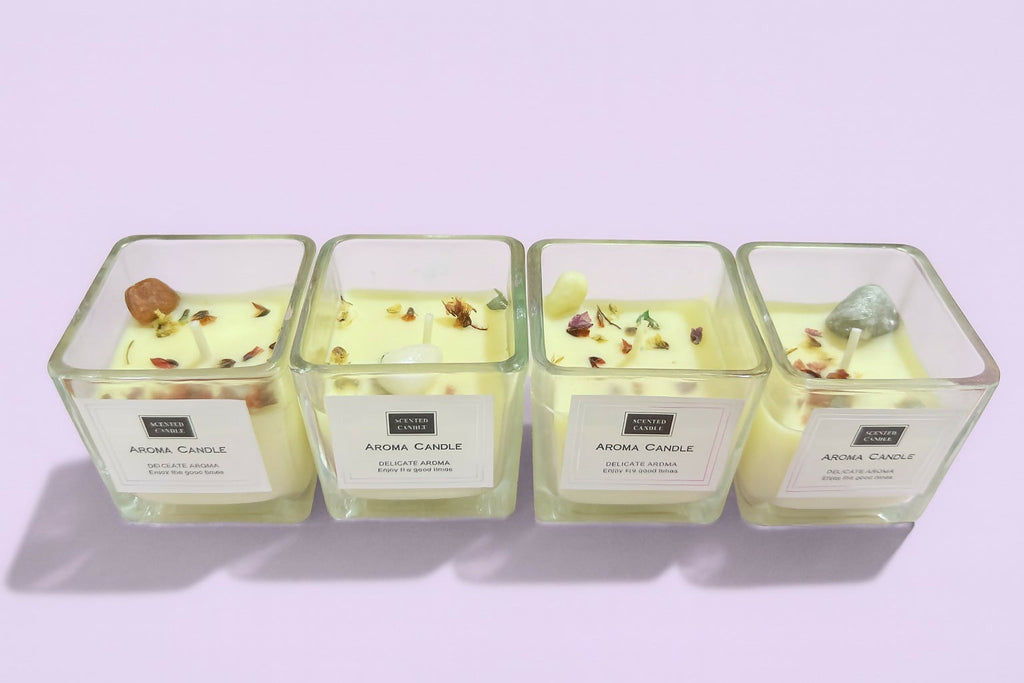 Luxury Scented Square Candle Set of 12 with Crystals & Dried Flowers | Aromatherapy Jar Candles for Home Decor, Spa & Gifting