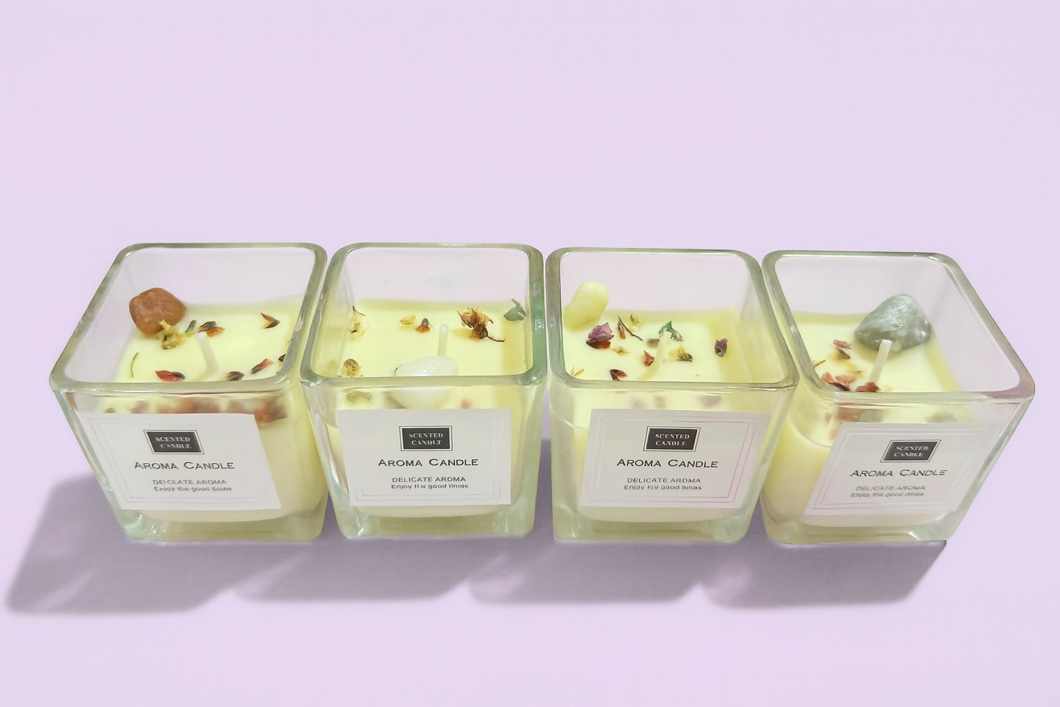 Luxury Scented Square Candle Set of 12 with Crystals & Dried Flowers | Aromatherapy Jar Candles for Home Decor, Spa & Gifting