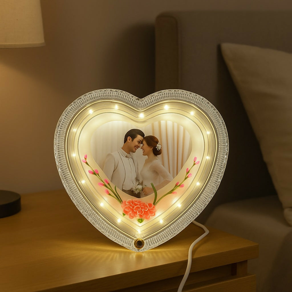 Heart Shape LED Photo Frame Lamp | Romantic Night Light with Customized Picture | Decorative Table Lamp for Bedroom, Couple Gift, Wedding, Anniversary & Valentine’s Day Special Present