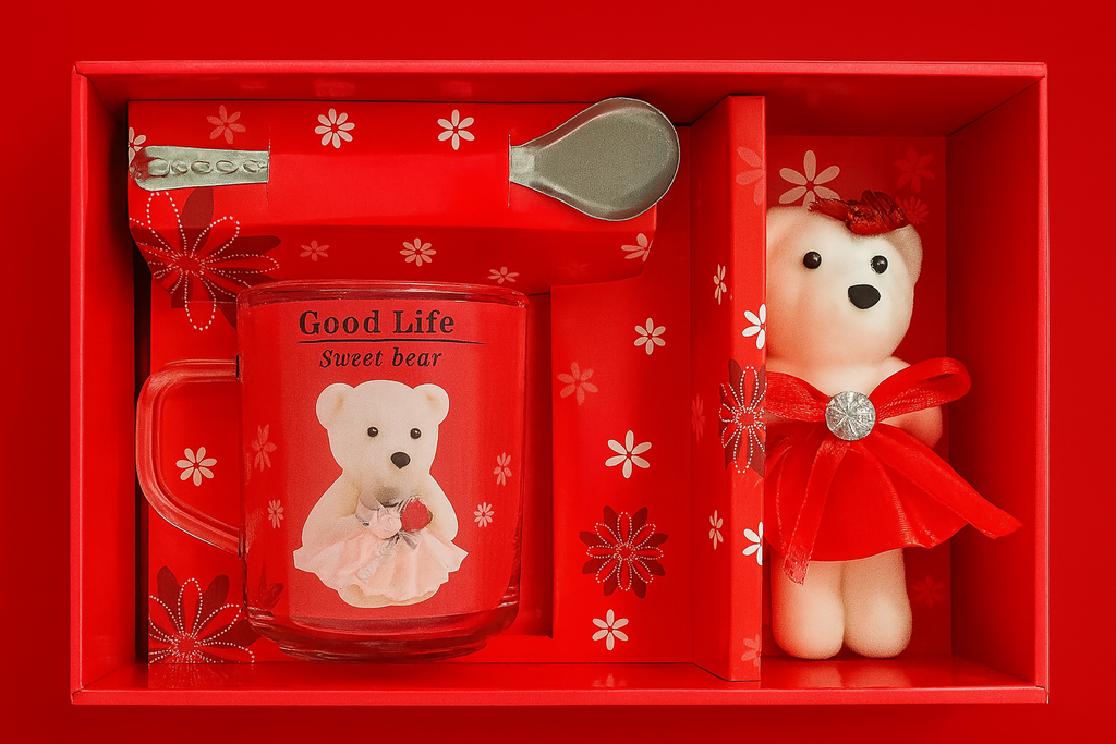 "Good Life Cute Bear Gift Set with Glass Mug, Spoon & Plush Teddy in Red Theme – Romantic Gift for Girlfriend, Birthday, Anniversary, Valentine's Day – Elegant Box Packaging"