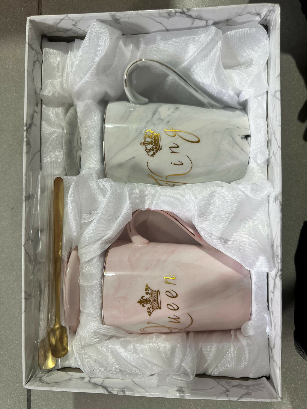 King & Queen Coffee Mug Set with Lids & Spoons | Marble Ceramic Cups for Couples | Luxury Gold Crown Print Tea & Coffee Mug Gift Set for Anniversary, Wedding, Valentine’s Day, Husband & Wife