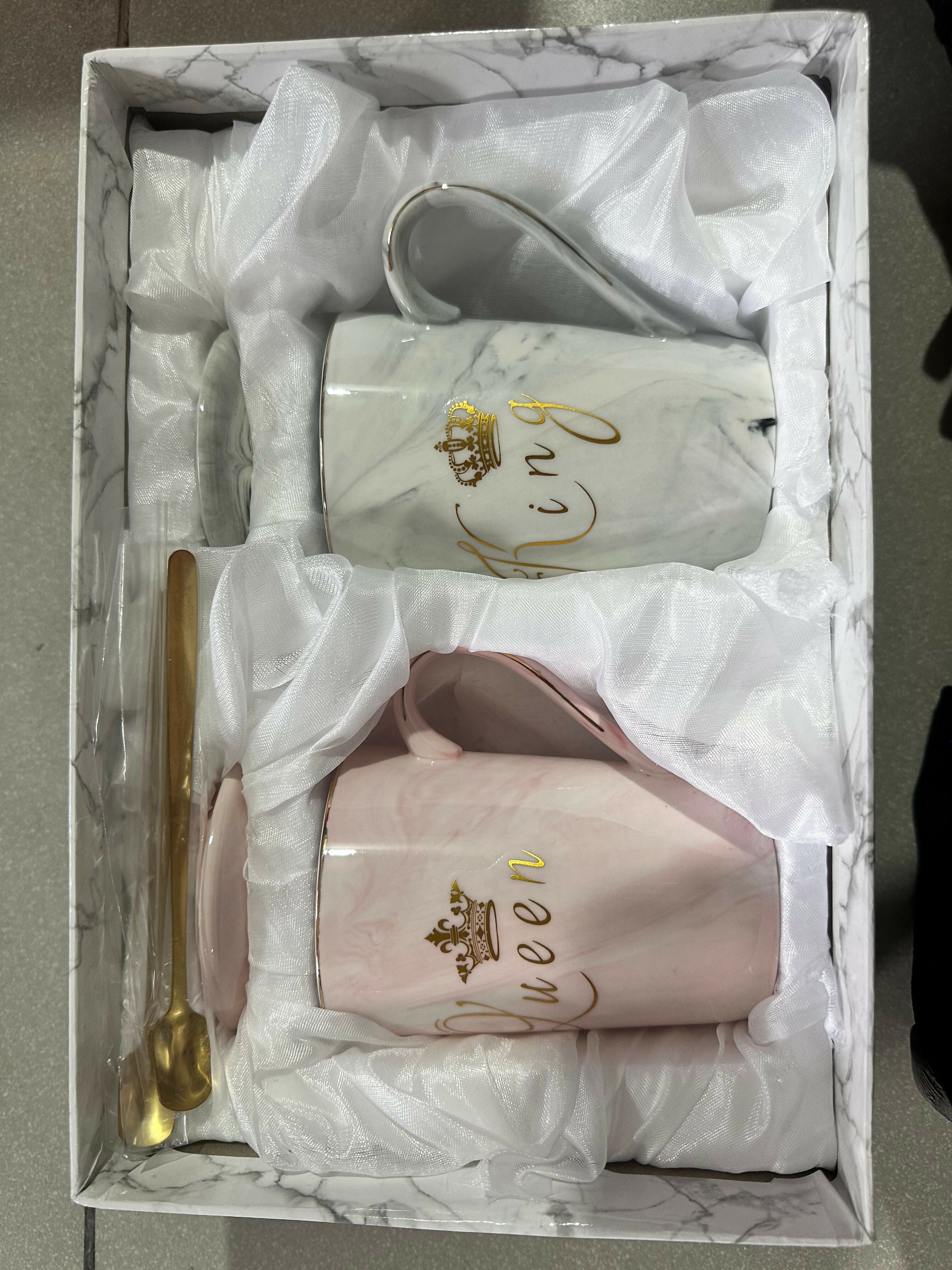 King & Queen Coffee Mug Set with Lids & Spoons | Marble Ceramic Cups for Couples | Luxury Gold Crown Print Tea & Coffee Mug Gift Set for Anniversary, Wedding, Valentine’s Day, Husband & Wife