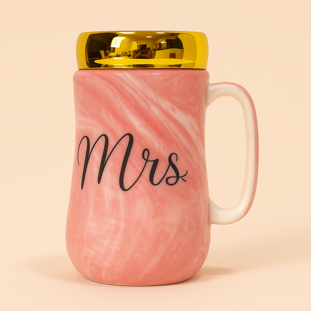 Elegant Pink Ceramic Mrs. Mug with Golden Lid – Marble Finish Coffee & Tea Cup for Women, Brides, Wives – Luxury Gift for Anniversary, Wedding, Engagement, or Valentine’s Day
