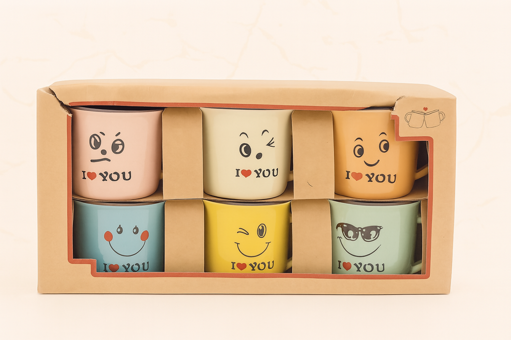 Set of 6 Colorful Emoji Ceramic Coffee Mugs with "I ❤️ YOU" Print – Cute Face Expressions – 180ml Tea Cups – Gift Box Packed – Ideal for Gifting, Home & Office Use