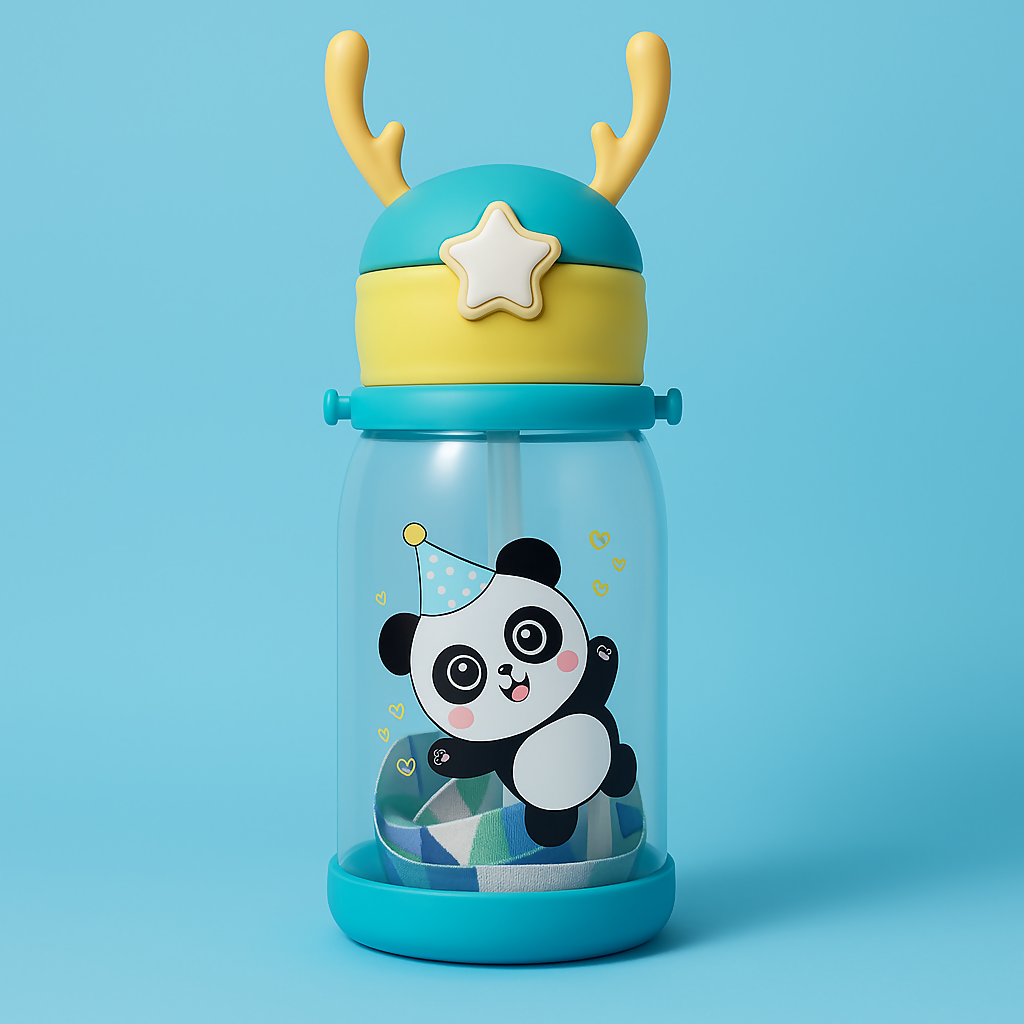 Cute Panda Kids Water Bottle – BPA-Free with Straw, Strap & Antler Cap Cute Sipper Water Bottle with Straw Shoulder Strap Leakproof Deer Design Water Bottle for Students Best Birthday Return Gifts