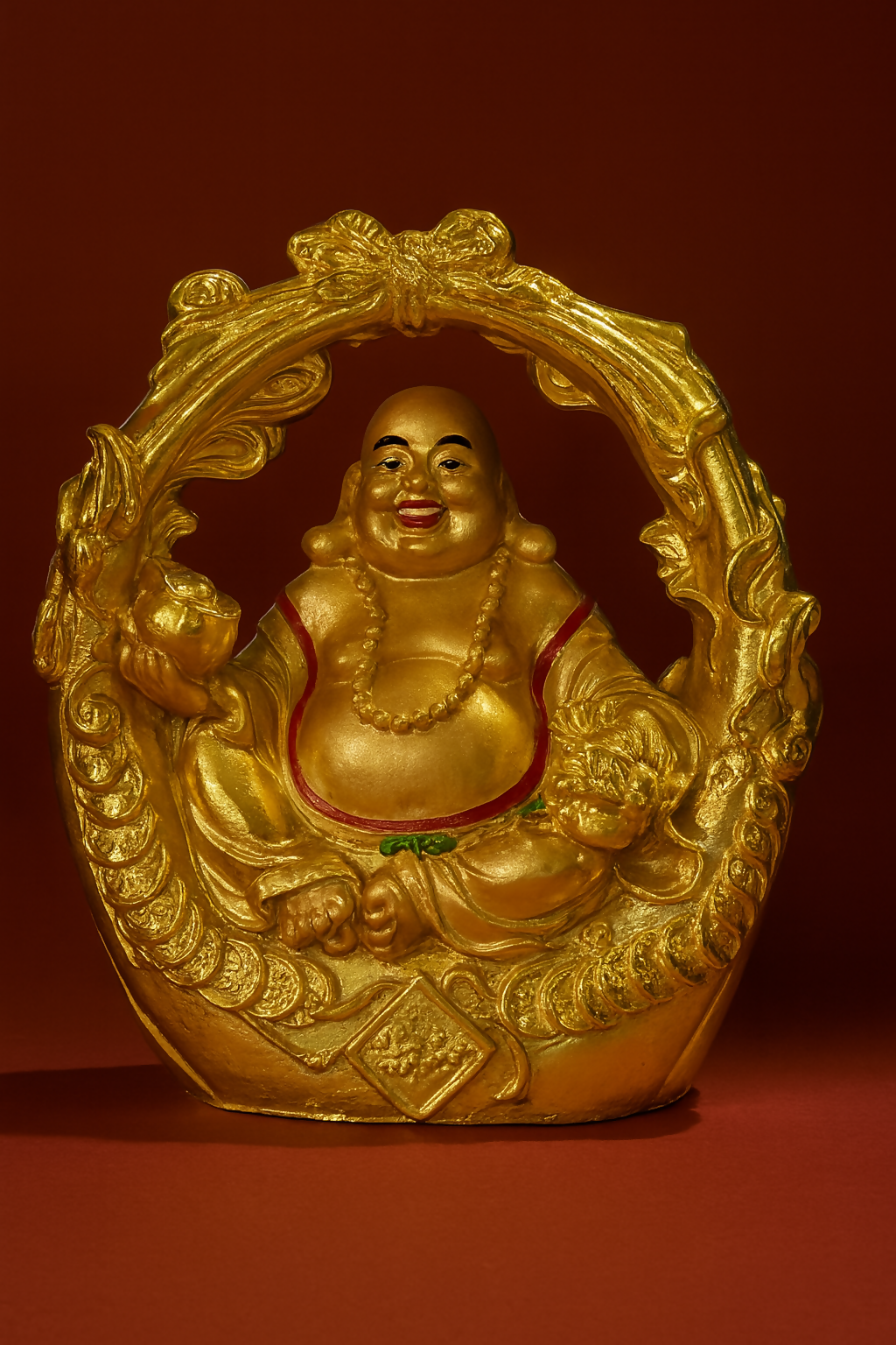 Golden Laughing Buddha Idol in Ornate Arch Frame | Lucky Buddha Statue