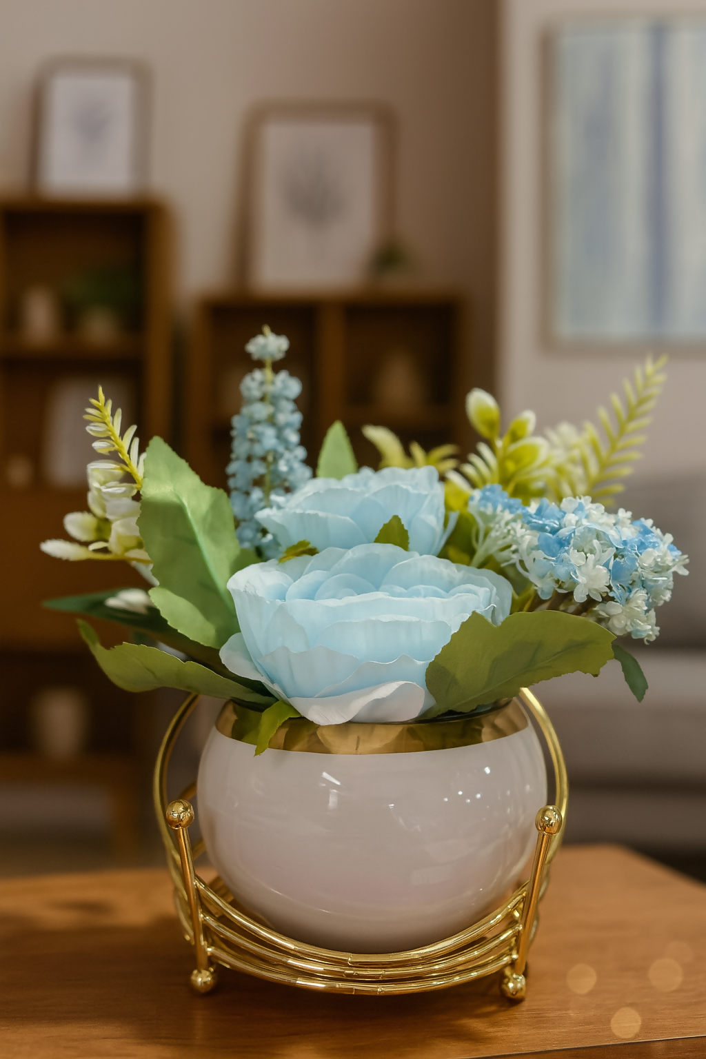 Luxury Artificial Blue Rose Flower Arrangement in White Globe Pot with Golden Metal Stand – Decorative Faux Floral Centerpiece for Home, Office, Tabletop & Gifting