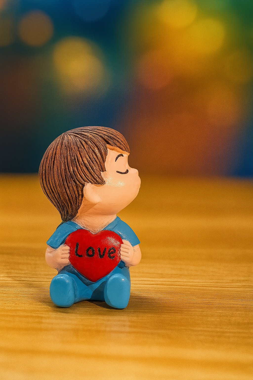 Romantic Kissing Couple Resin Showpiece – Boy & Girl Figurines Holding Heart with “Love” Text (Set of 2, Blue & Pink Dress)
