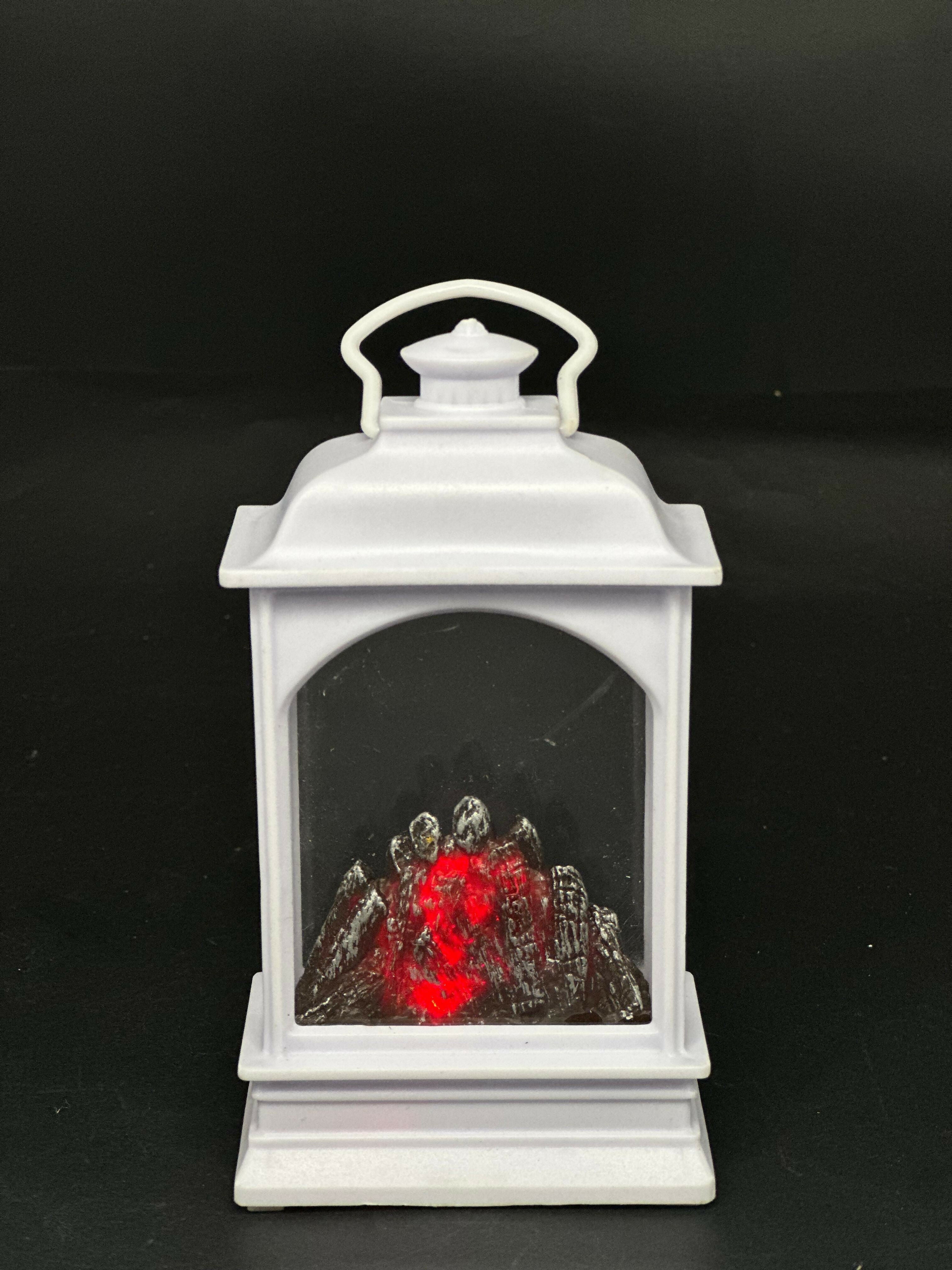 Mini Decorative LED Fireplace Lantern with Glowing Ember Effect – White Vintage Style Portable Tabletop Lamp for Home Décor, Festive Ambience, and Cozy Room Accents – Battery Operated Flameless Fire Simulation Light