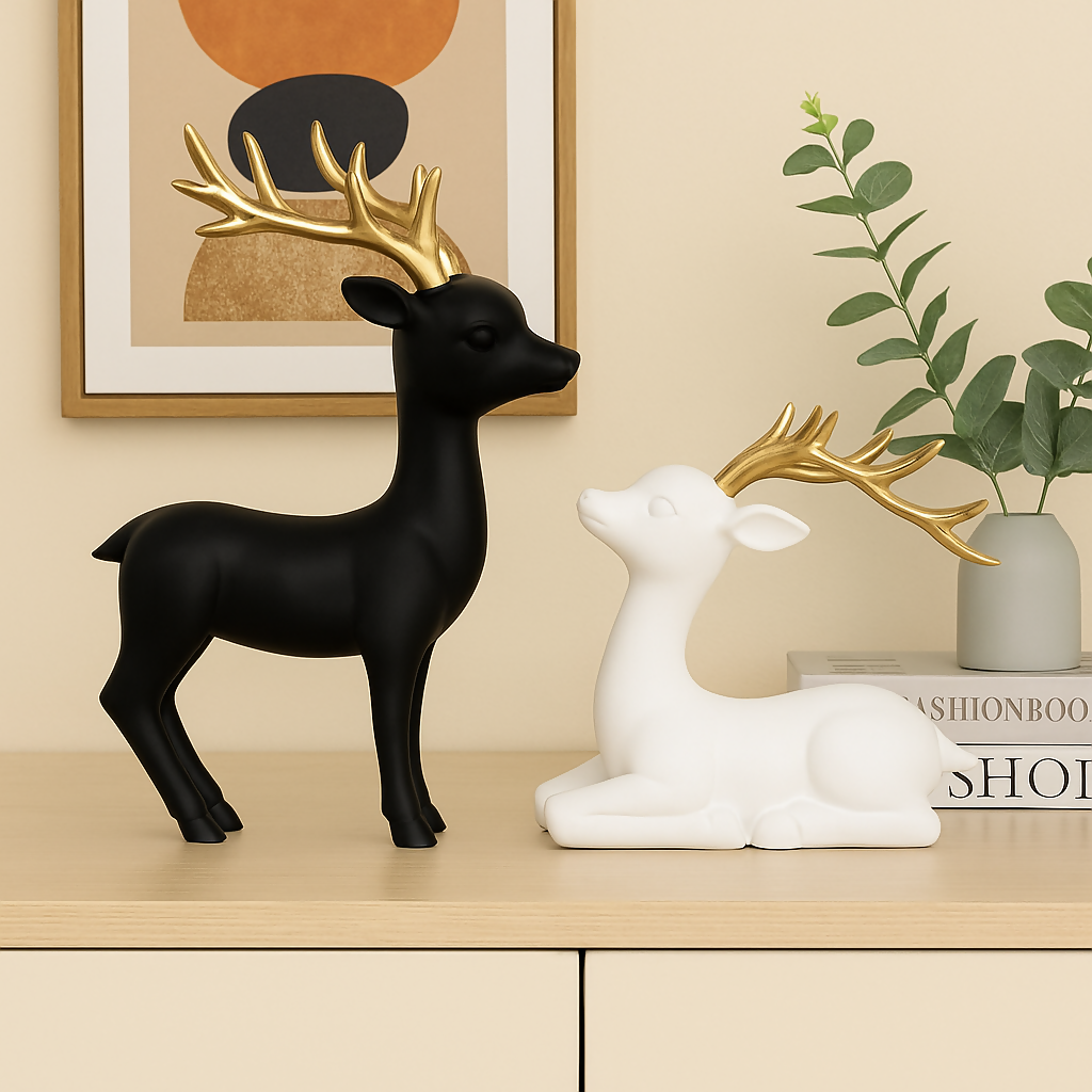HOME DECOR  Matte Black & White Deer Statues with Golden Antlers