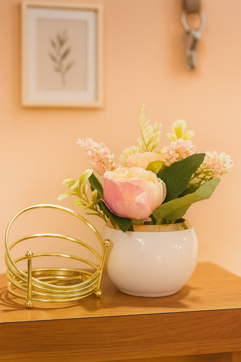 Elegant Artificial Peach Pink Flower Arrangement in White Ceramic Pot with Golden Metal Stand – Faux Rose & Hydrangea Floral Centerpiece for Home, Office, Living Room & Gifting