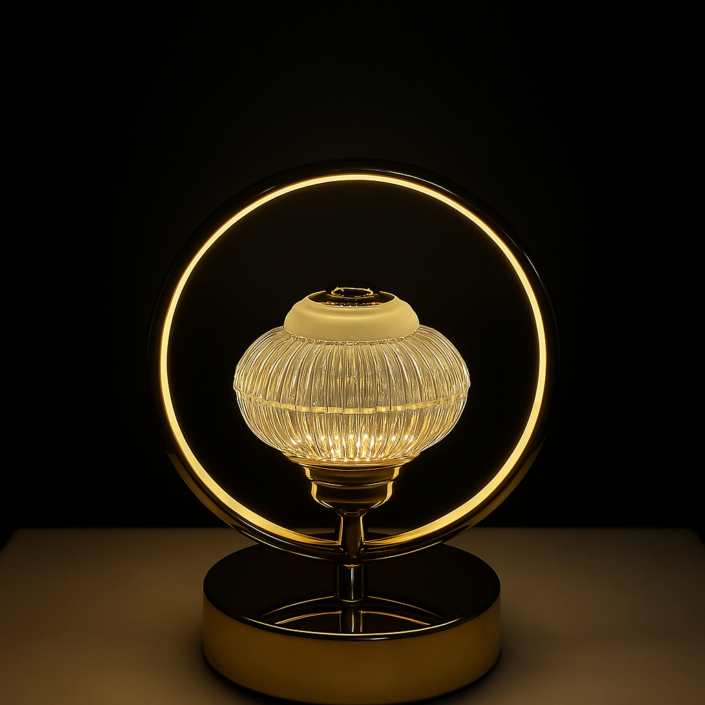 Luxury Golden Halo Table Lamp with Ribbed Glass Globe – Modern Circular LED Touch Lamp for Bedroom, Living Room, or Office – Elegant Ambient Night Light with Golden Base and Ring Fram