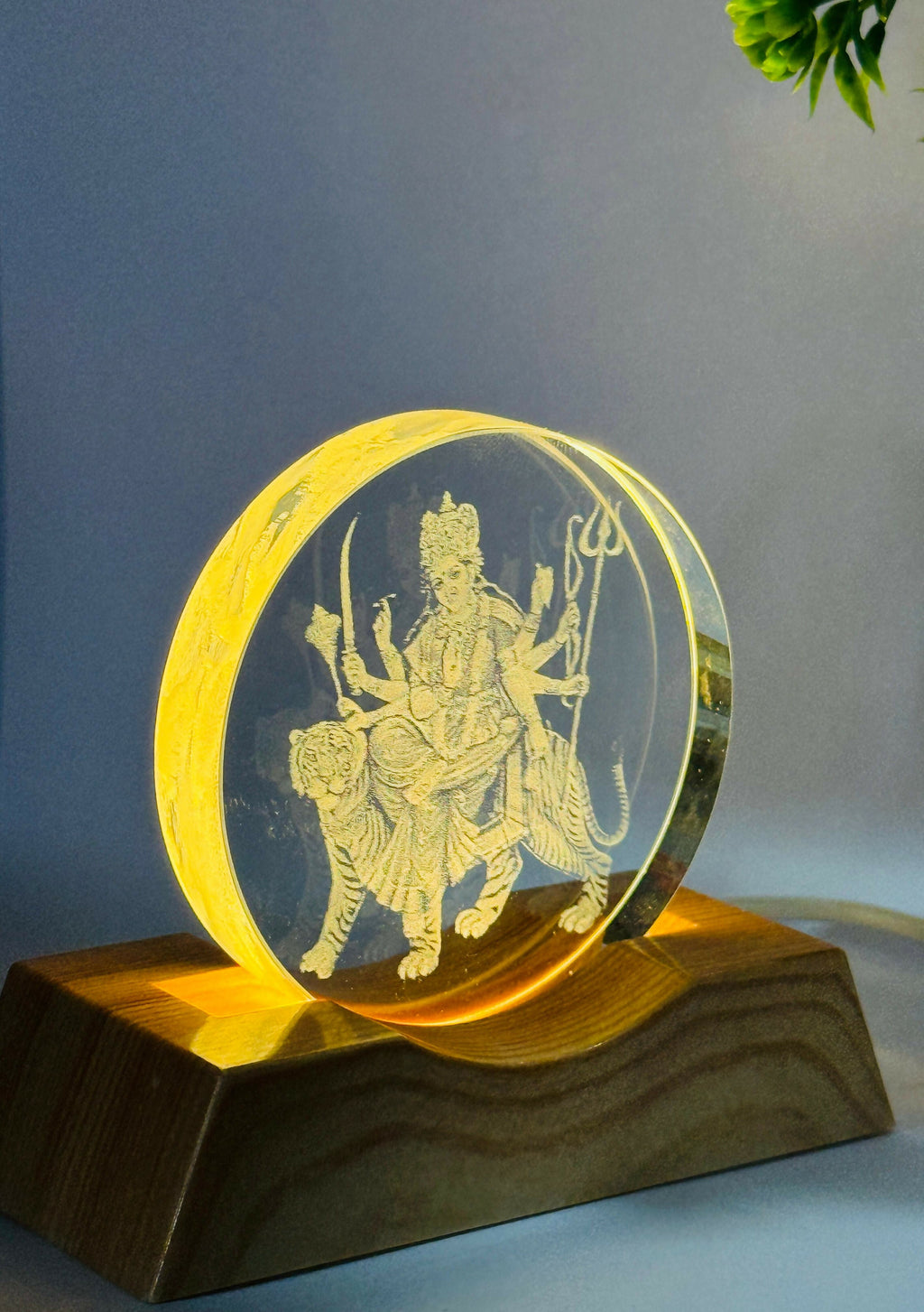 Durga Mata 3D LED Night Lamp with Wooden Base | Laser Engraved Acrylic Light of Goddess Durga on Tiger | Spiritual Home Decor for Mandir, Living Room & Gifting | Warm Glow USB Powered Night Light