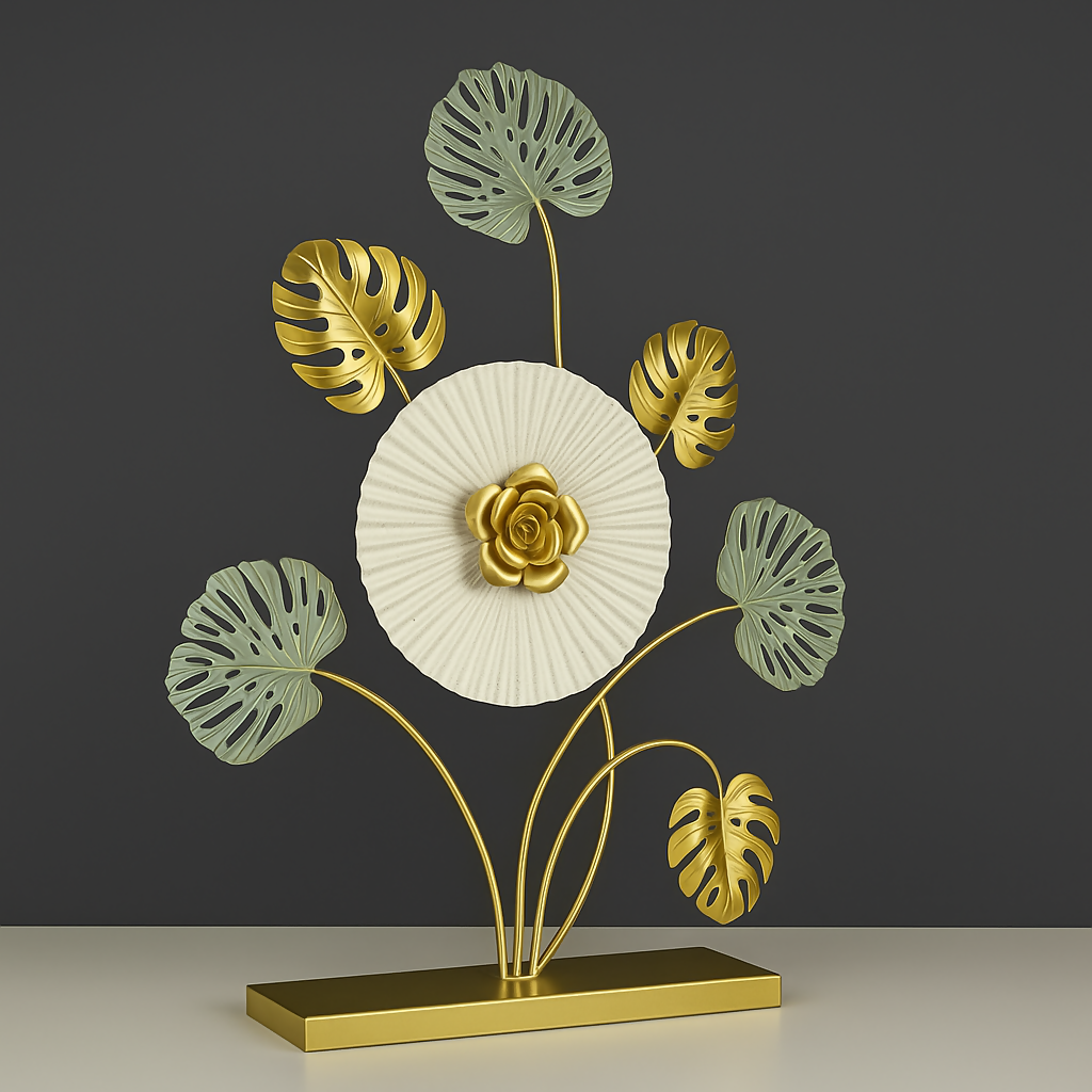 HOME DECOR Golden Floral Leaf Metal Table Decor – Elegant Centerpiece Sculpture