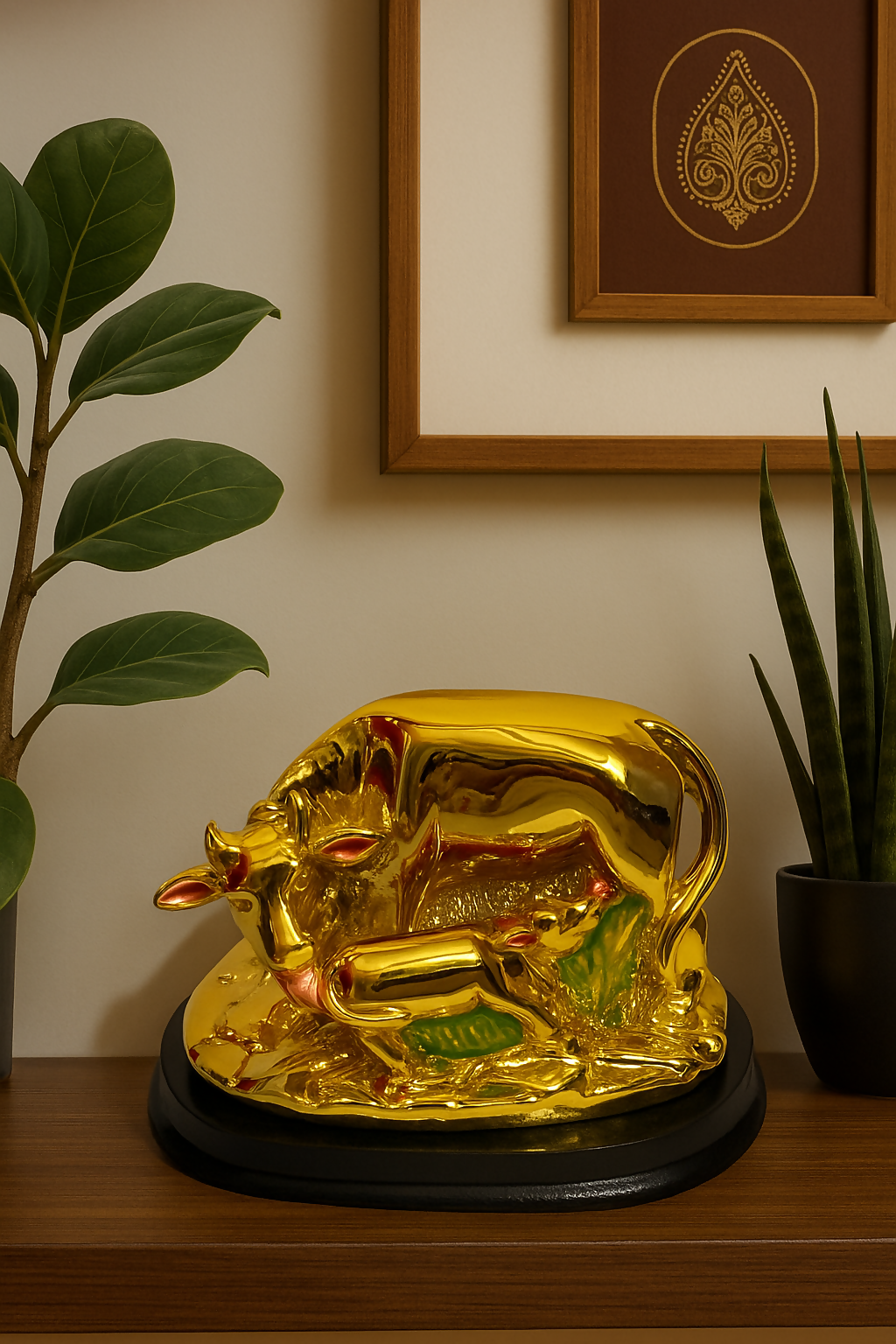 Golden Cow and Calf Idol on Wooden Base – Premium Brass-Finish Decorative Showpiece for Home Temple, Vastu & Feng Shui Positive Energy Gift – 24K Gold Plated Look (Medium Size)