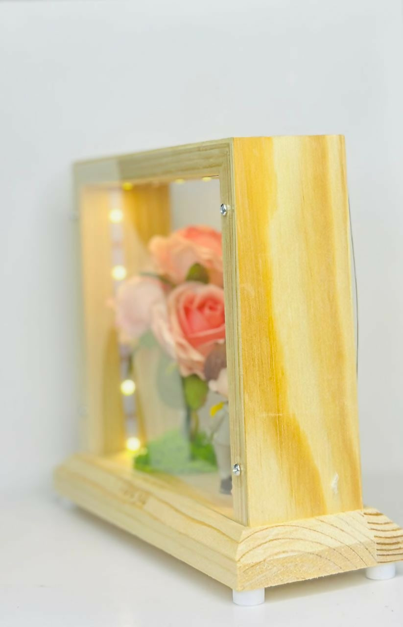 LED Wooden Shadow Box with Pink Rose Flowers and Kissing Couple Figurines – I Love You Light-Up Display for Valentine's Day, Anniversary, or Bedroom Table Decor Gift for Her or Him