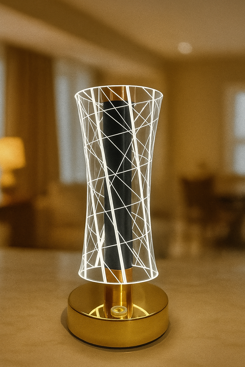 Curved Line Pattern Acrylic table Lamp with Warm LED Glow – Modern Art Deco Light with Touch Control and Premium Gold Base