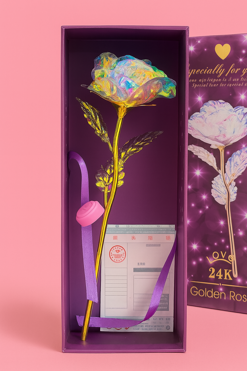 24K Gold Foil Artificial Rose with LED Light in Elegant Gift Box | Multicolor Galaxy Flower with Stand, Certificate & Ribbon – Romantic Gift for Valentine, Anniversary, Birthday, Mother's Day