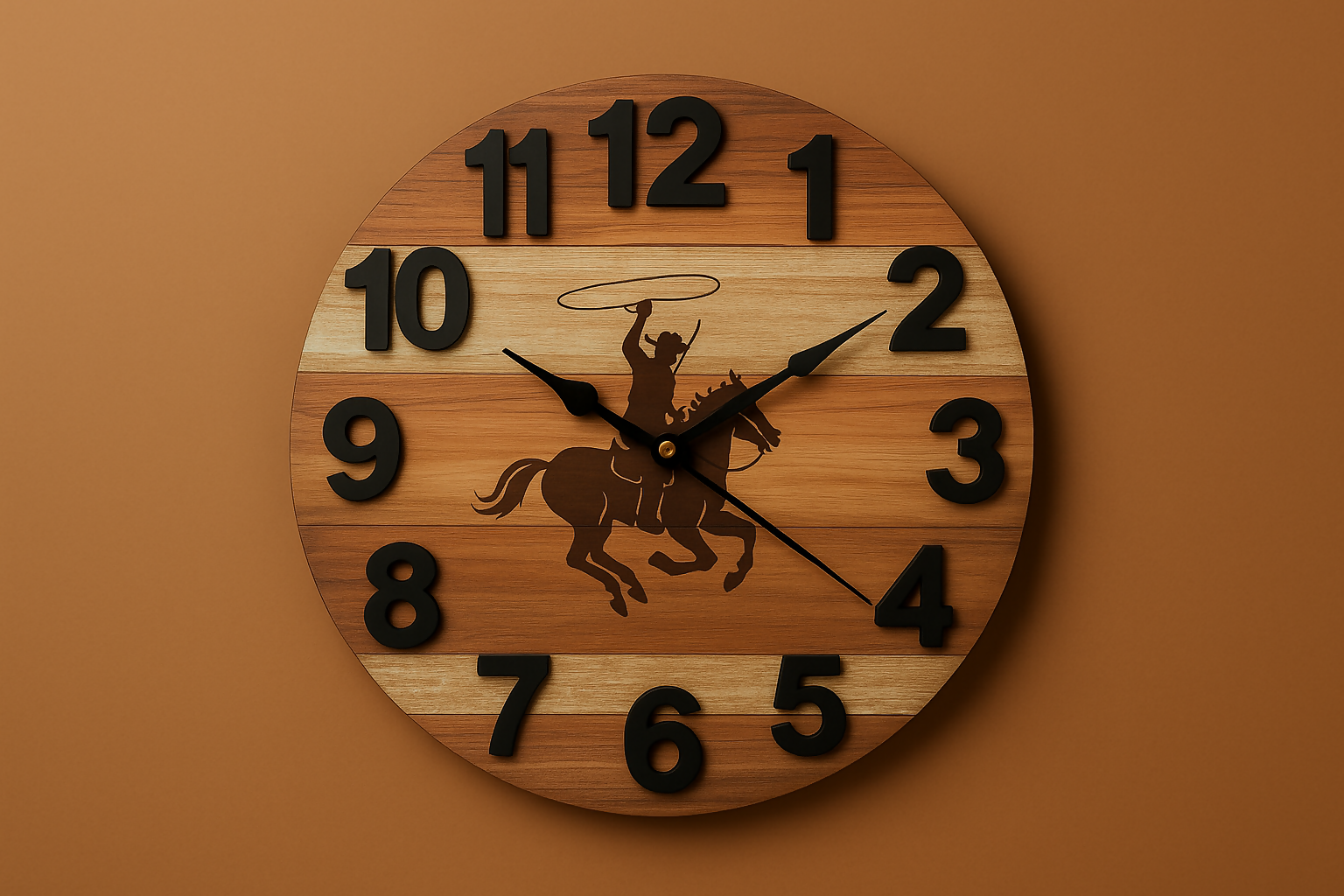 HOME DECOR Rustic Cowboy-Themed Wooden Wall Clock | Silent Quartz Analog Clock with Western Rodeo Design – Decorative Farmhouse Wall Clock for Living Room, Bedroom, Office, or Cabin Decor