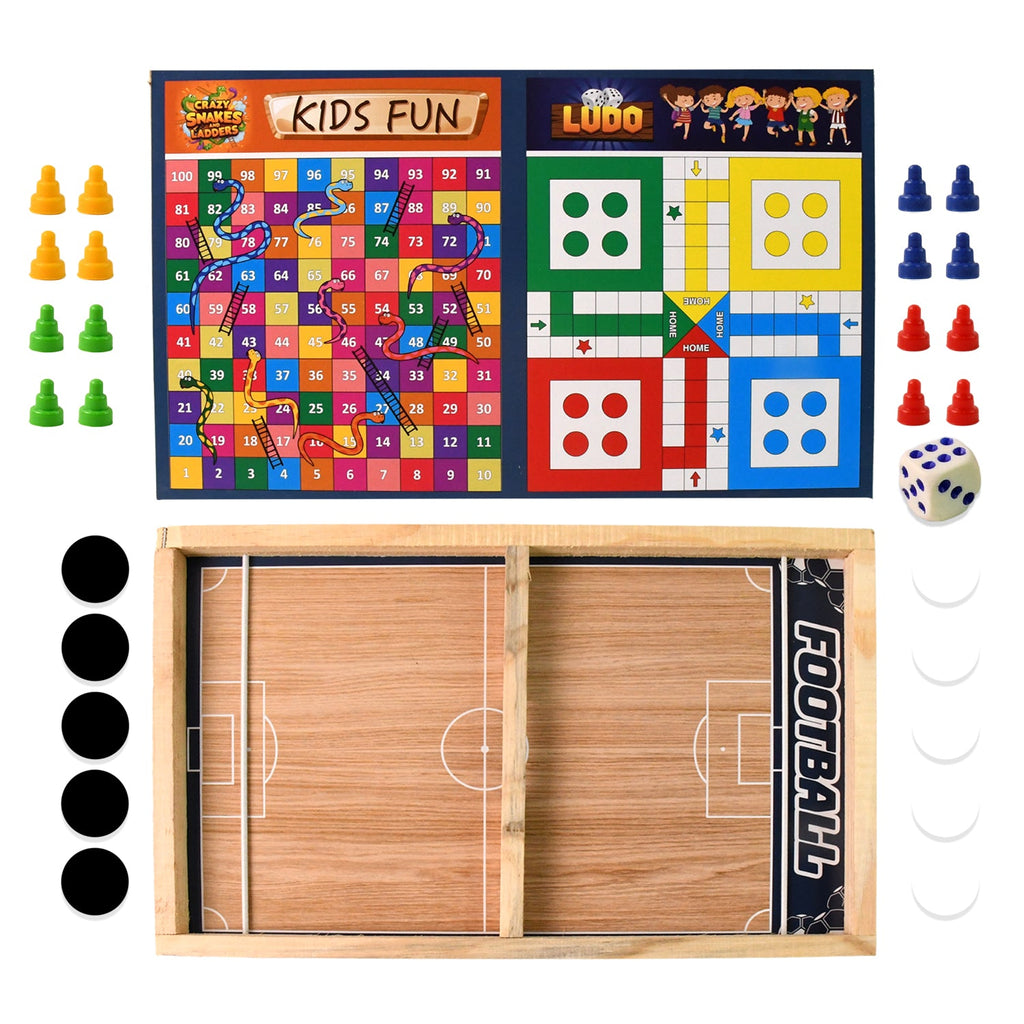 Wooden Board Game Set – Ludo, Snakes & Ladders, and Desktop Football (3-in-1)