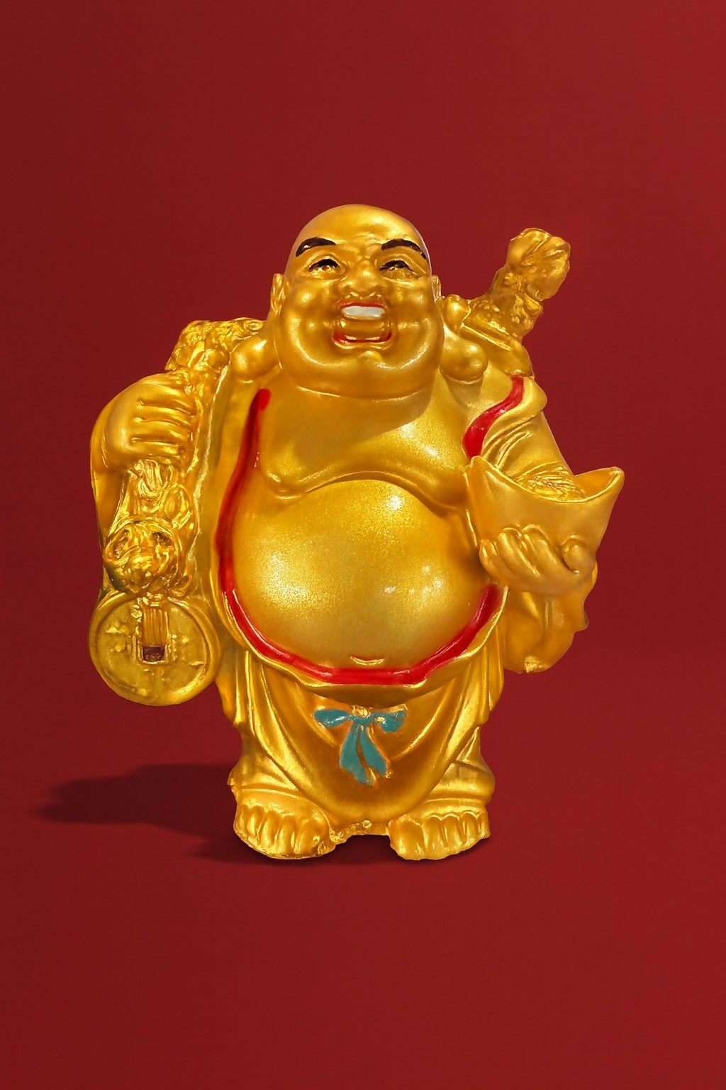 Golden Laughing Buddha Idol Holding Wealth Ingot and Coin – Feng Shui Statue for Home Decor, Positivity, and Prosperity – Resin Showpiece for Living Room, Office, or Gifting
