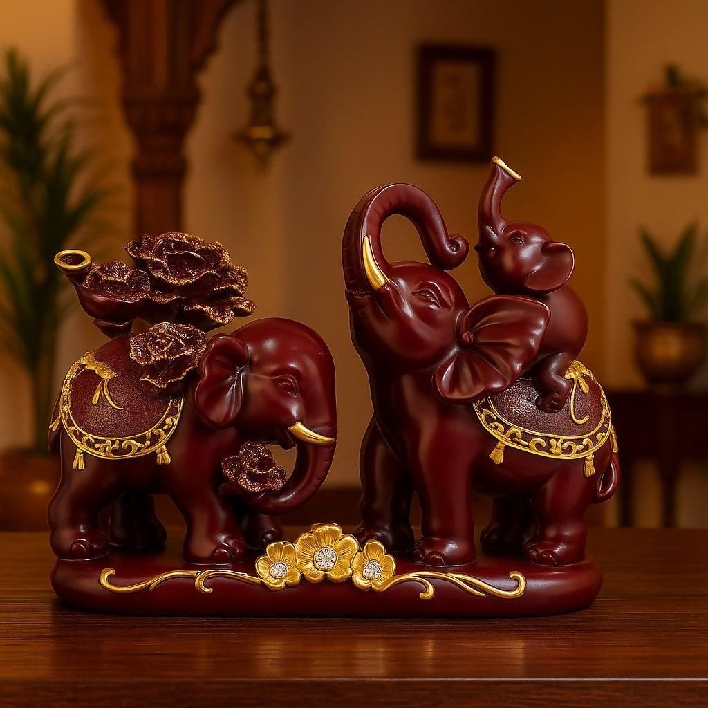 HOME DECOR Royal Resin Elephant Family Showpiece with Rose Flower and Baby Elephant – Decorative Tabletop Statue for Home, Living Room, and Gift Purposes