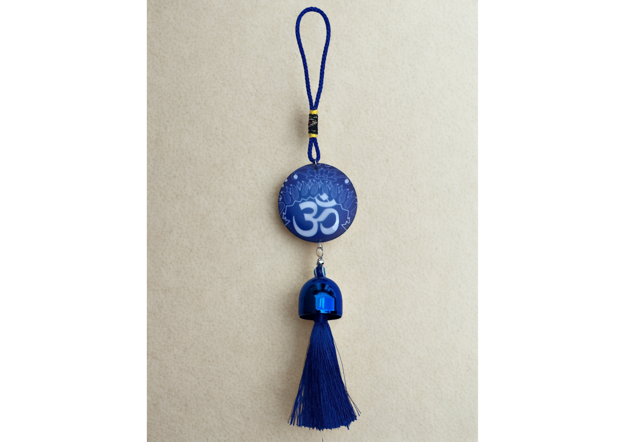 Decorative Blue Om Symbol Wall Hanging with Metal Bell and Tassel – Spiritual Hindu Door Hanging for Positive Vibes, Vastu, Meditation, and Home Entrance Décor – Compact Size for Car, Office, or Gift Use