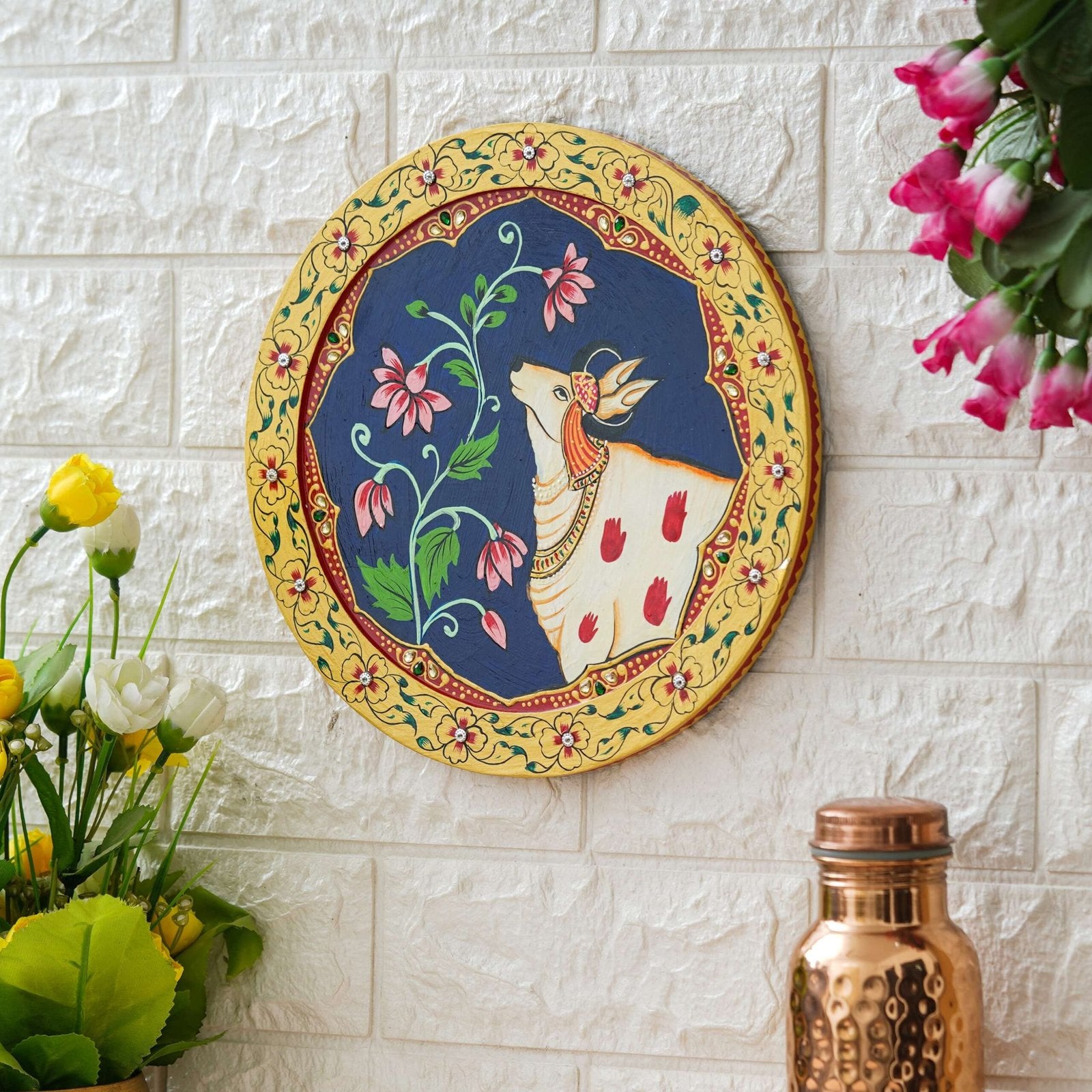 Hand-Painted Pichwai with Cow and Floral Design