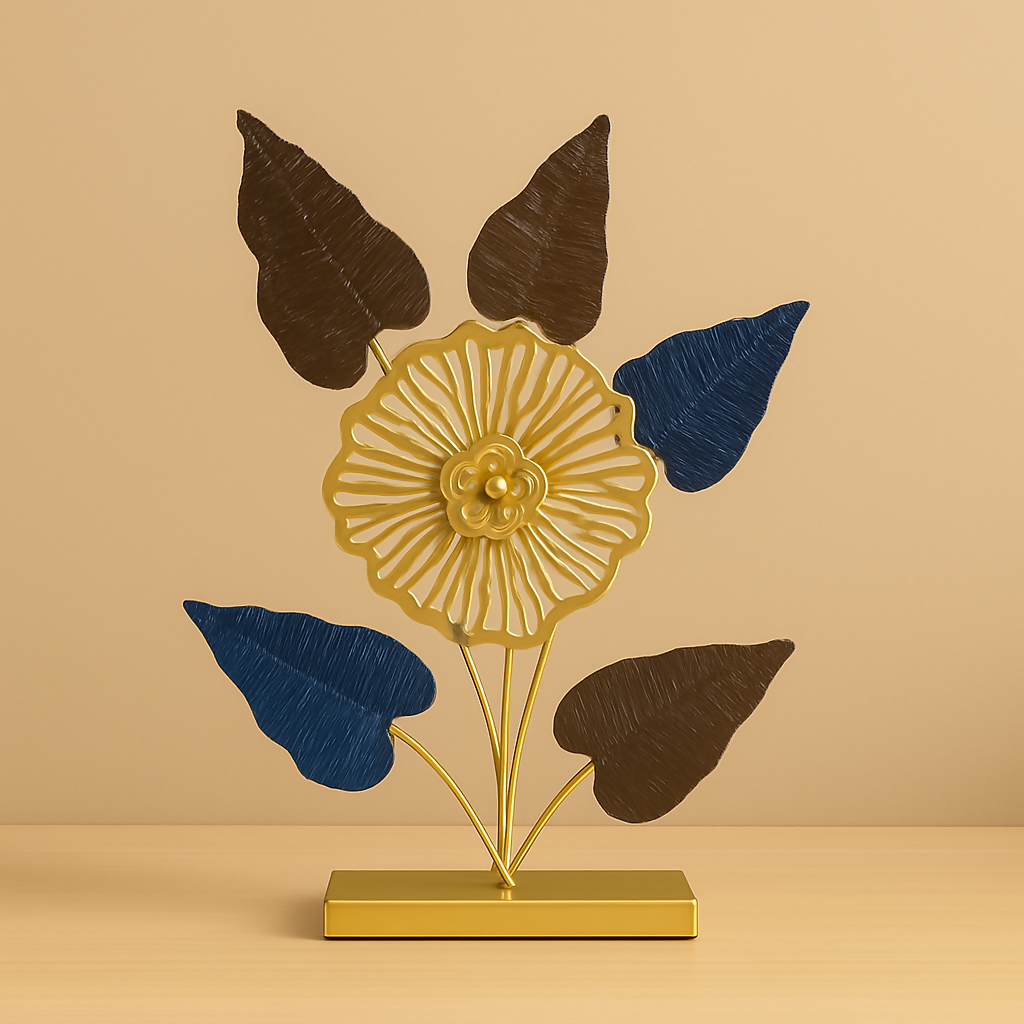 HOME DECOR Modern Metal Flower Table Decor – Golden Floral Showpiece with Blue & Brown Leaves