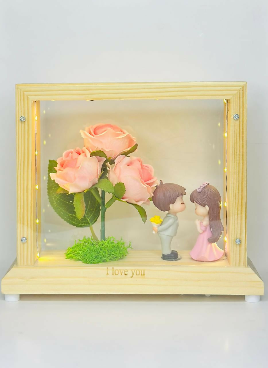 LED Wooden Shadow Box with Pink Rose Flowers and Kissing Couple Figurines – I Love You Light-Up Display for Valentine's Day, Anniversary, or Bedroom Table Decor Gift for Her or Him