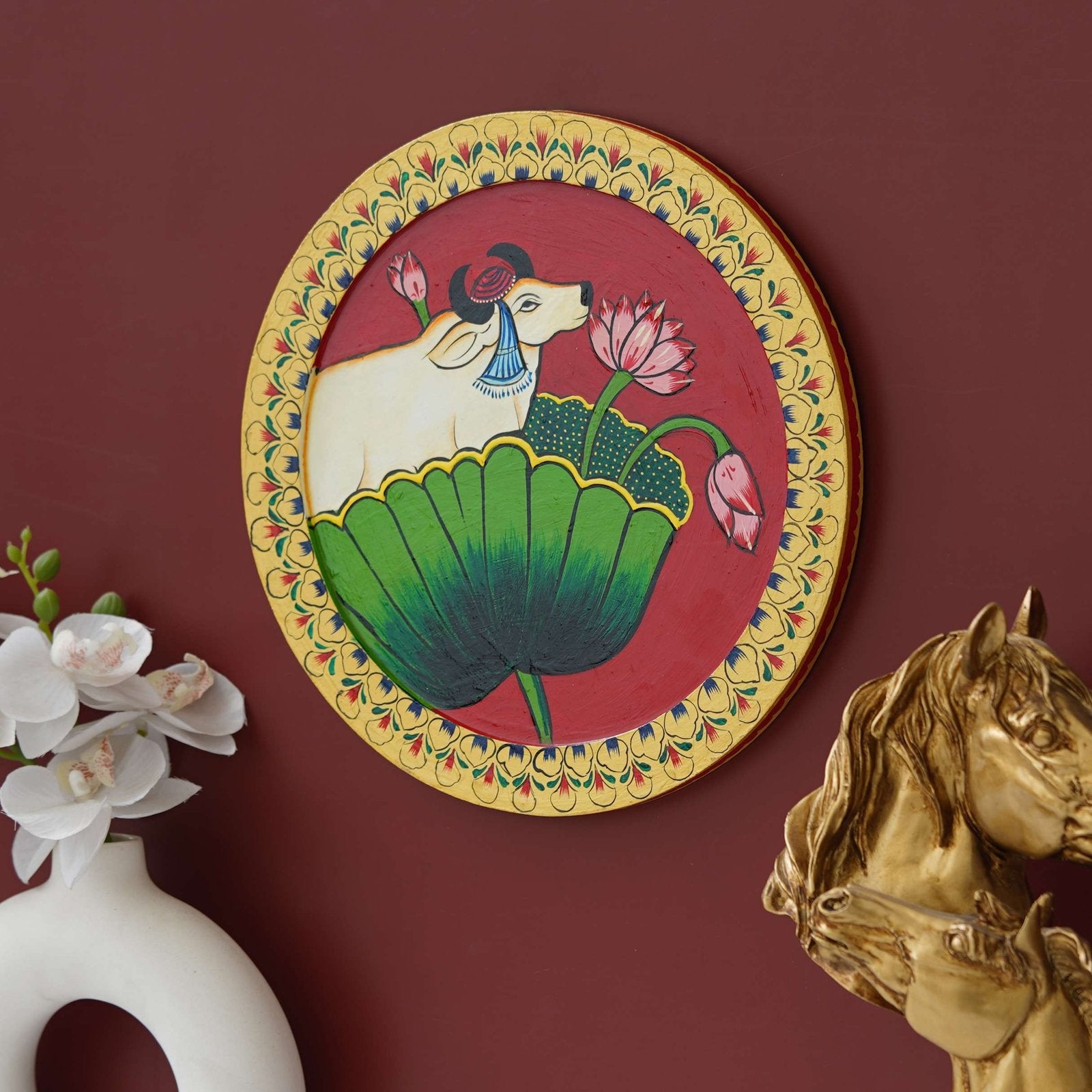 Hand-Painted Pichwai with Cow and Lotus Flower