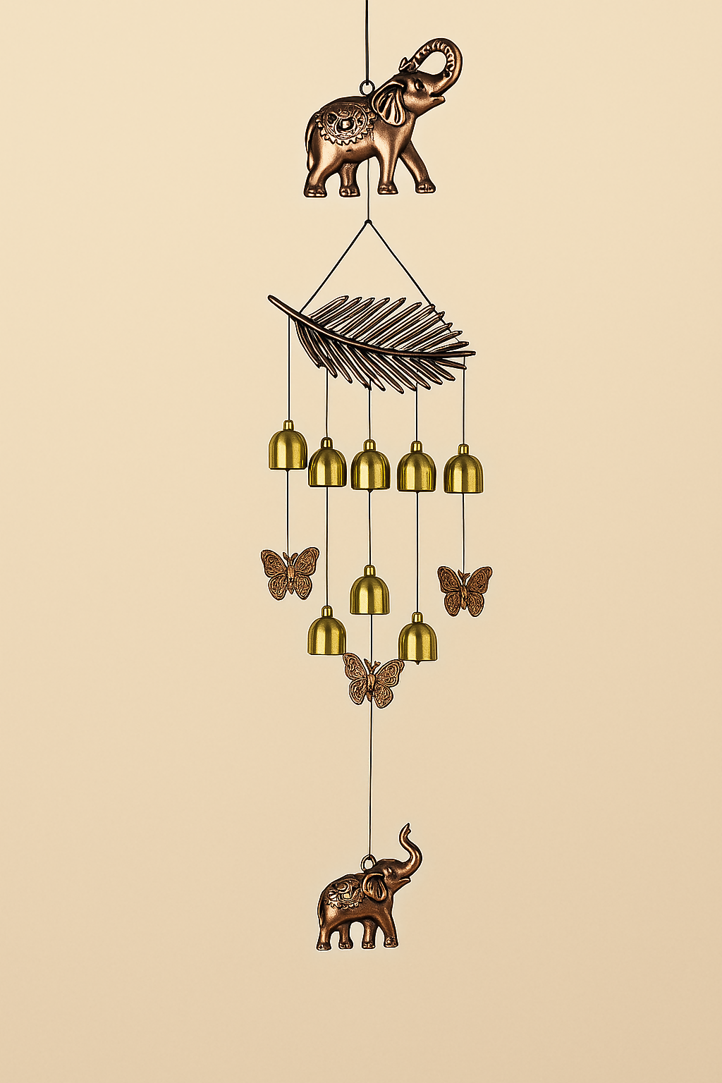 Handcrafted Metal Wind Chime with Decorative Elephant, Butterfly & Leaf Motifs – Brass Finish Hanging Bell Chimes for Balcony, Patio, Garden, or Home Décor – Feng Shui Good Luck and Positive Energy Charm