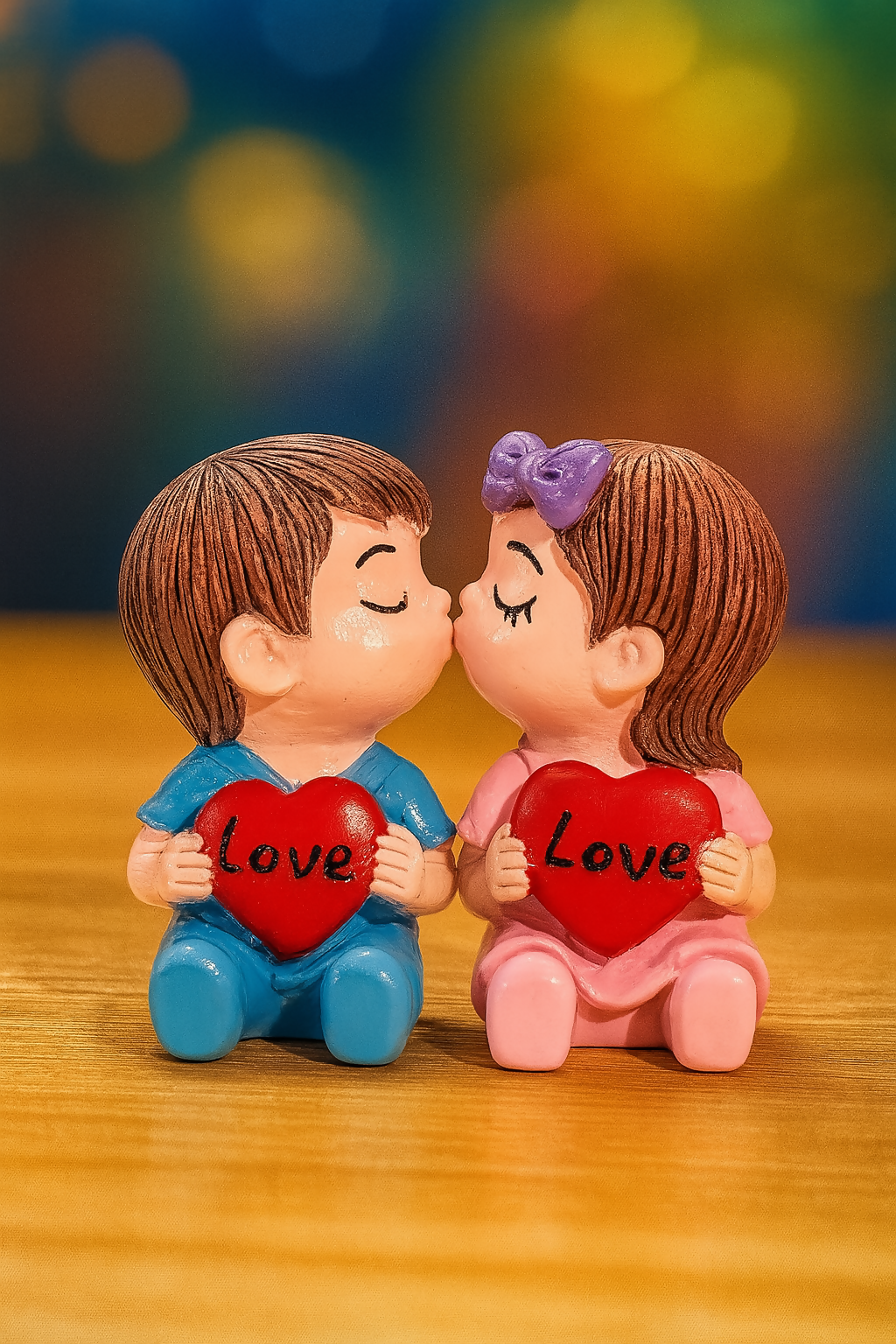 Romantic Kissing Couple Resin Showpiece – Boy & Girl Figurines Holding Heart with “Love” Text (Set of 2, Blue & Pink Dress)