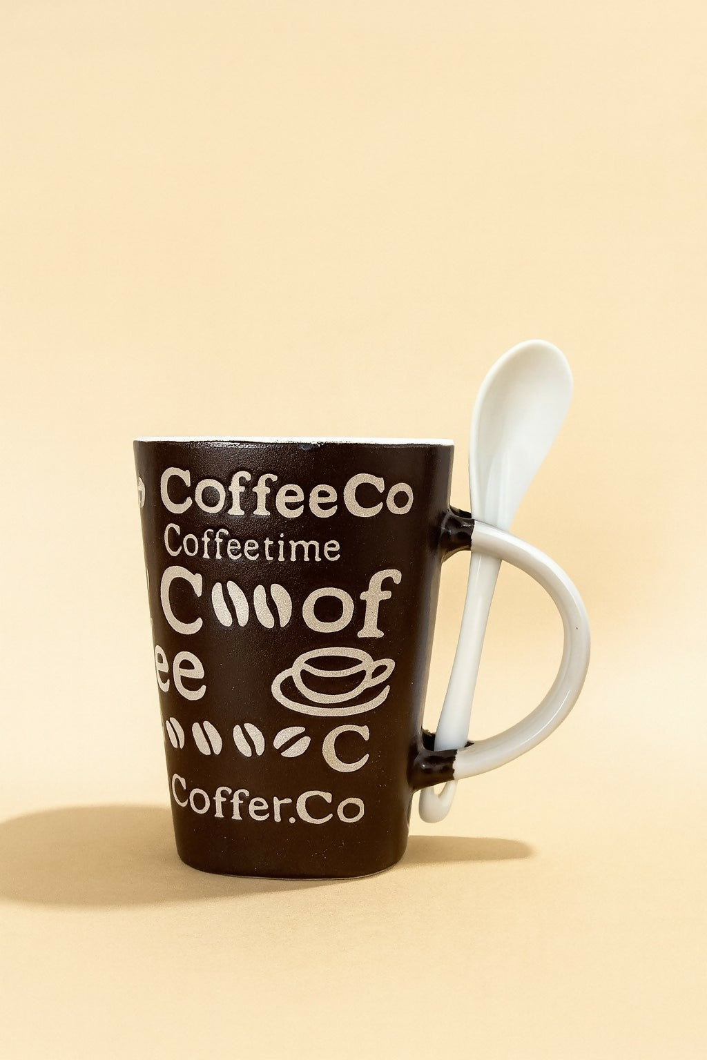 Brown Ceramic Coffee Mug with Spoon – Stylish Printed Coffee & Tea Cup with Handle Slot Spoon | Microwave & Dishwasher Safe Mug for Home, Office & Gifting