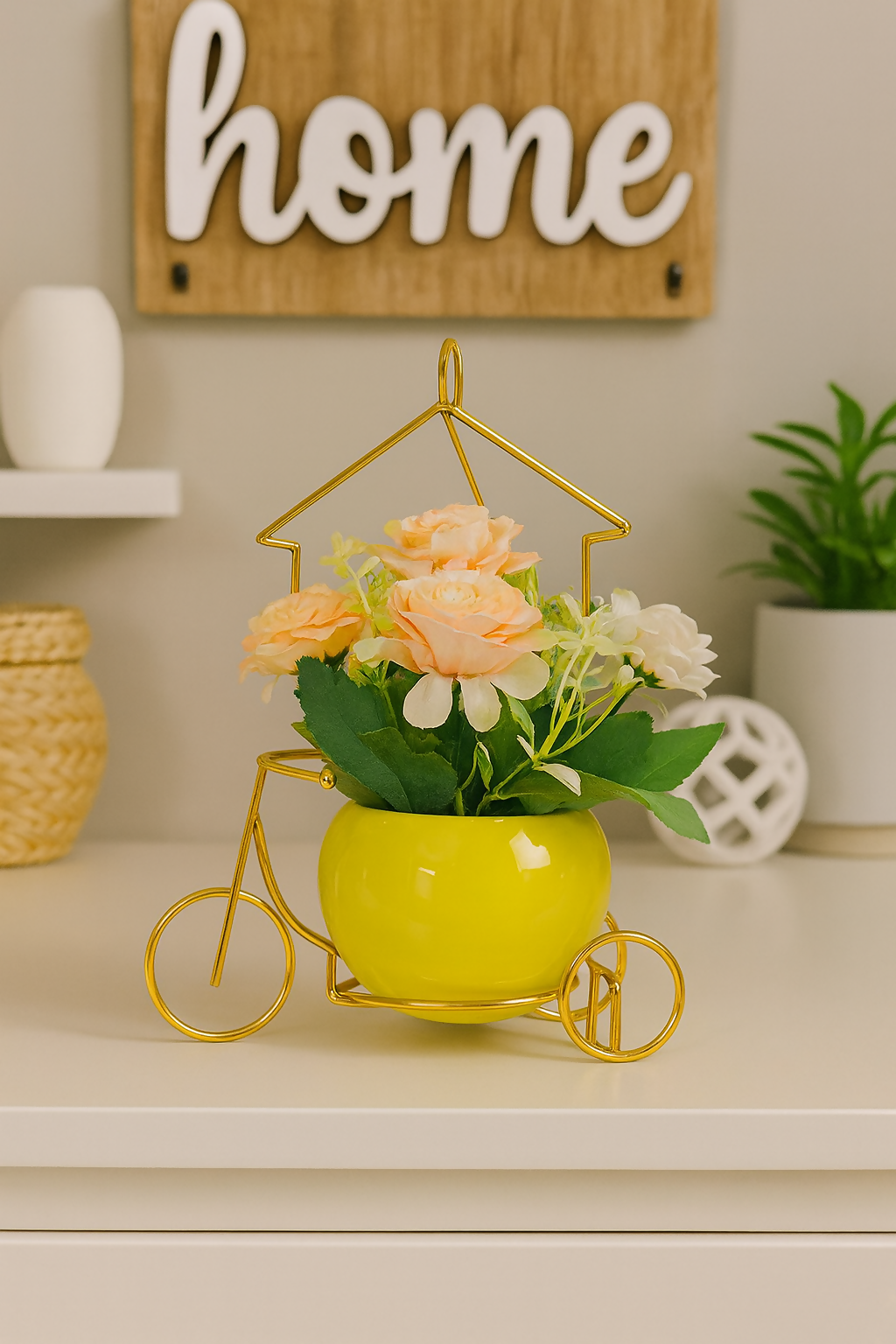 Golden Metal Bicycle Stand with Artificial Peach Roses in Glossy Yellow Ceramic Pot – Decorative Flower Arrangement for Home, Office & Gift Purpose