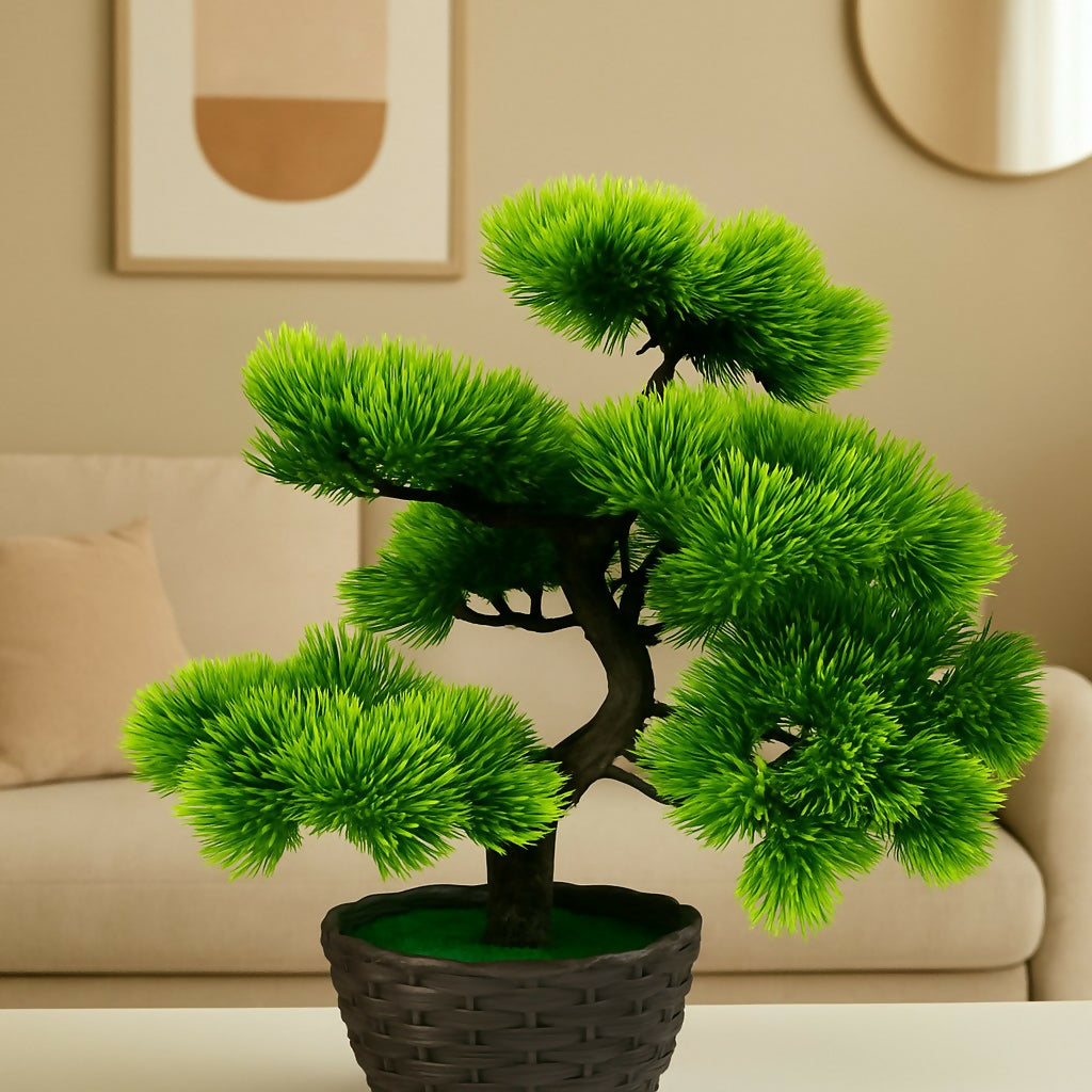 Artificial Bonsai Tree with Woven Pot – Realistic Pine Needle Style Decorative Plant for Home, Office & Tabletop Décor