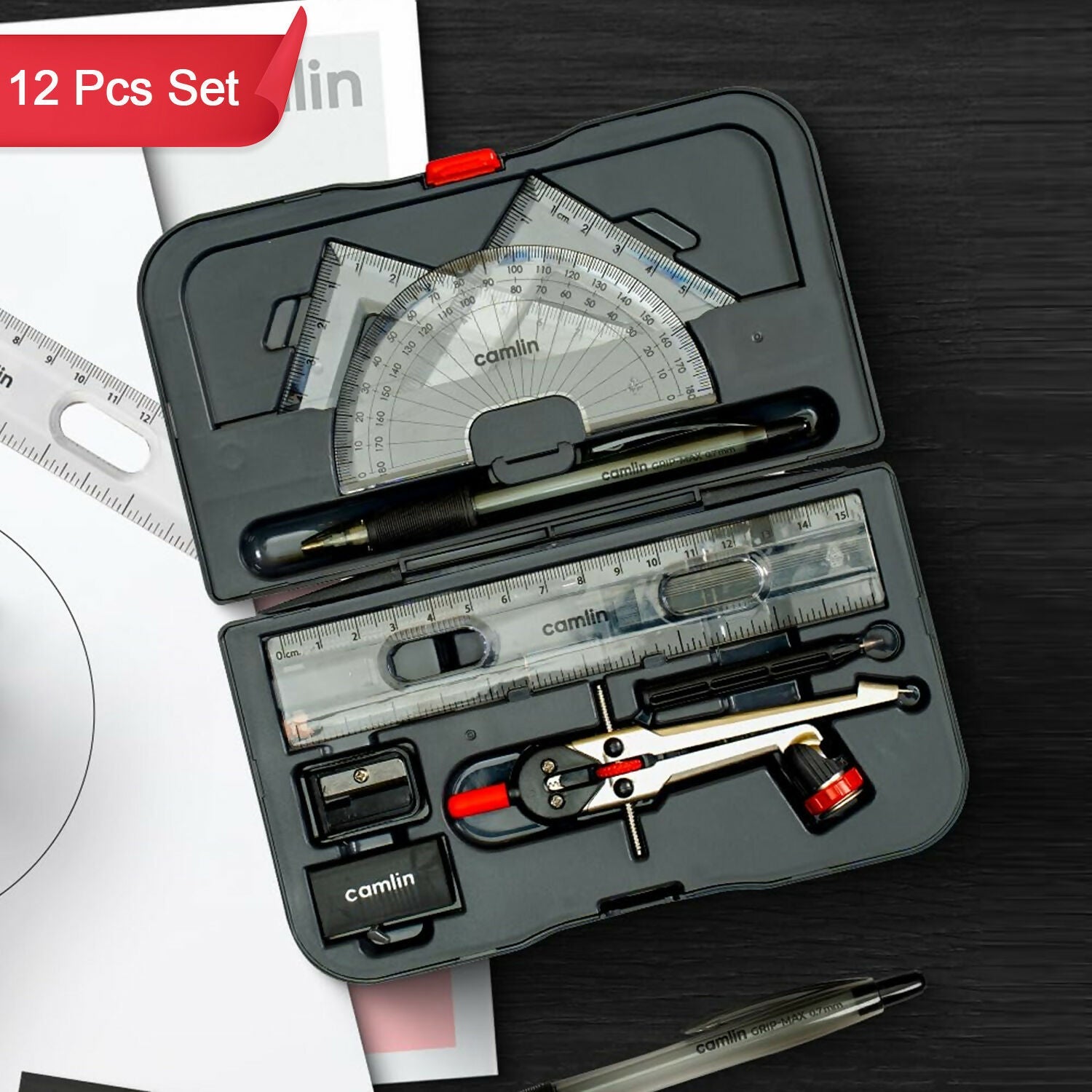 Camlin Scholar Pro Geometry Box – 12-Piece Maths Drawing Instruments Set
