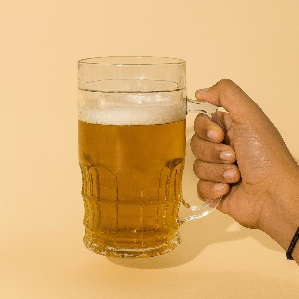 Premium Beer Mug Glass with Handle – Large Capacity Freezer Safe Beer Cup for Chilled Drinks, Cocktails, Mocktails & Juices | Thick Base, Durable Crystal-Clear Glass | Gift Box Included